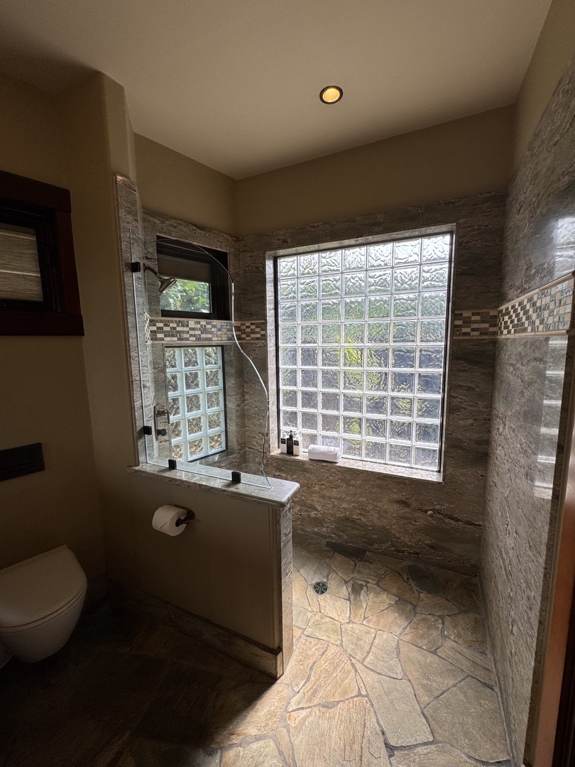 Kamuela Vacation Rentals, Hale Konane - Luxurious walk-in shower with natural light and sleek stone finishes.