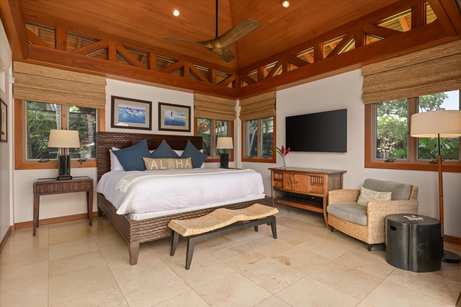 Kamuela Vacation Rentals, 3BD Na Hale 3 at Pauoa Beach Club at Mauna Lani Resort - Wind down in the Guest Suite (Bedroom #3), where cool blues and dark wood meet a garden-framed view.