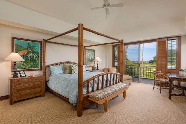 Kailua Kona Vacation Rentals, Fairways Villa 120A - Primary bedroom with its own lanai looking towards the Golf Course and  Ocean
