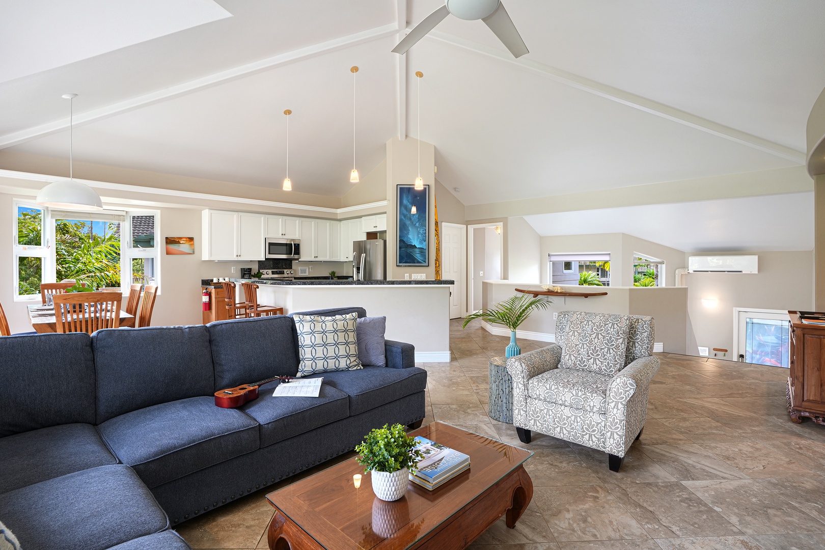 Princeville Vacation Rentals, Ku'u Lei Villa - Living room and Kitchen