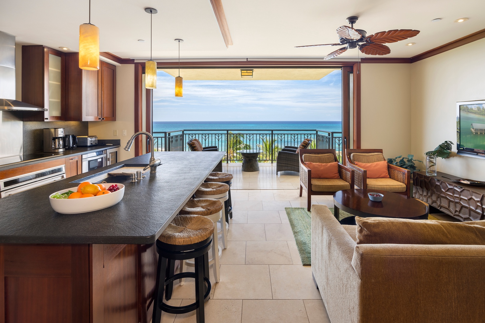 Kapolei Vacation Rentals, Ko Olina Beach Villas B609 - Your open-concept paradise seamlessly blends gourmet kitchen and living space with breathtaking ocean views from your private lanai.