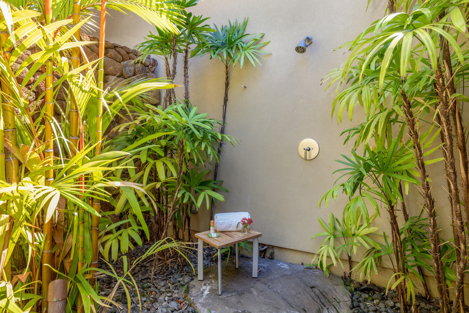 Kamuela Vacation Rentals, Mauna Kea Resort Bluffs 22 - The Beach House - This hidden outdoor shower surrounded by greenery is refreshing, restorative, and purely Hawaiian.