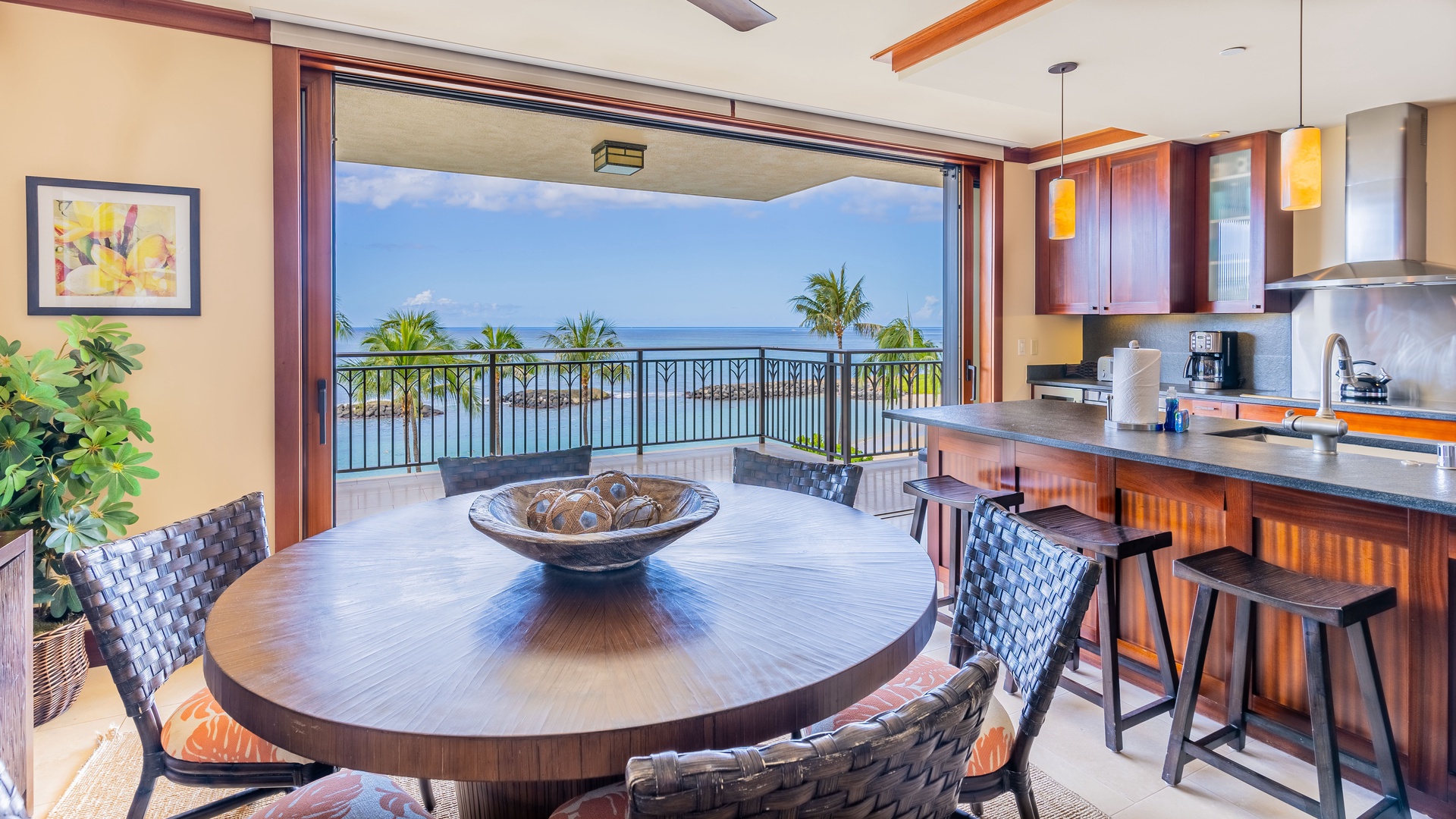 Kapolei Vacation Rentals, Ko Olina Beach Villas B410 - Dining and kitchen with ocean breezes.