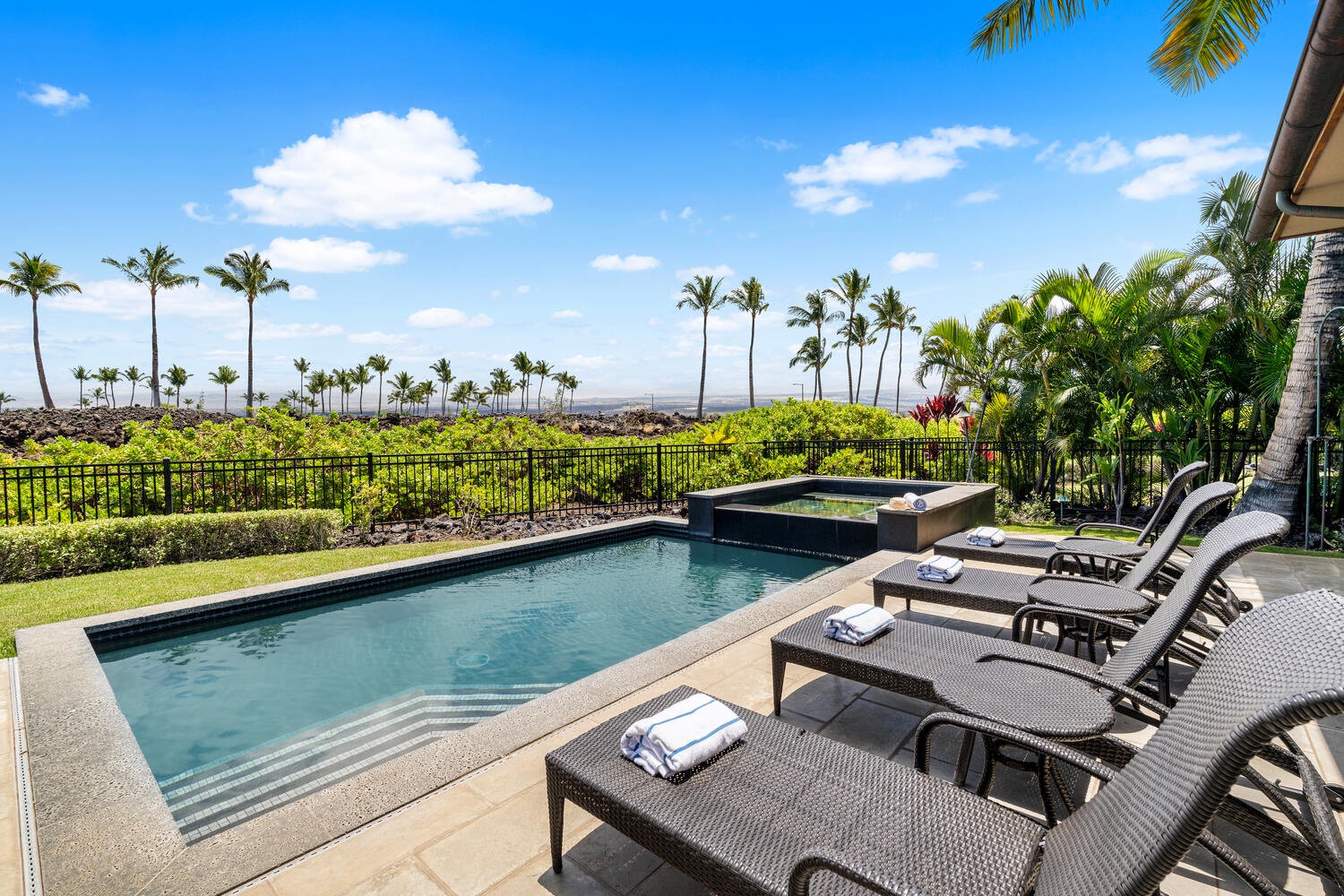 Kamuela Vacation Rentals, Laule'a Ohana Retreat - Lounge by the pool surrounded by lush tropical foliage and sweeping mountain views at Laule'a #14.