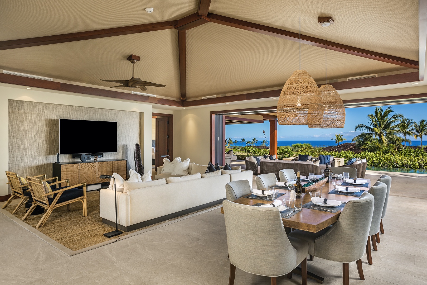 Kailua Kona Vacation Rentals, 4BD Kulanakauhale Estate (3558) at Hualalai Resort - Vaulted ceilings with mahogany trim and cove lighting and an elegant formal dining table for eight.