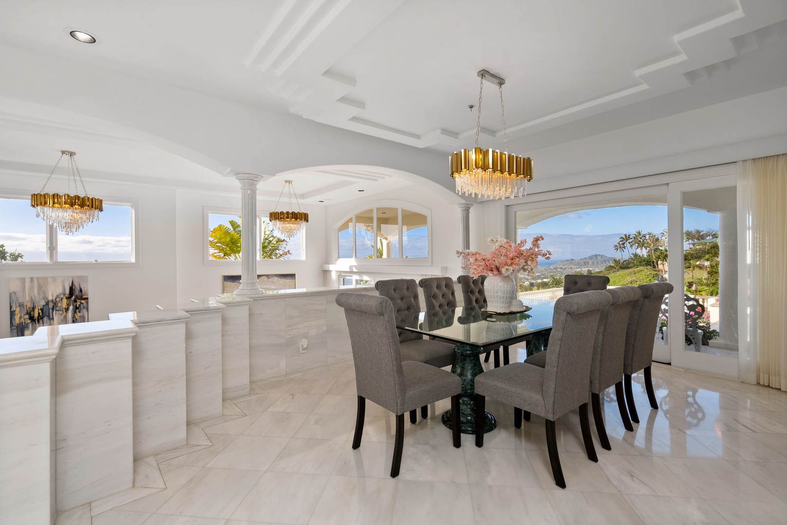 Honolulu Vacation Rentals, Hawaii Ridge Getaway - Elegant dining table with table for eight with lots of outdoor views.