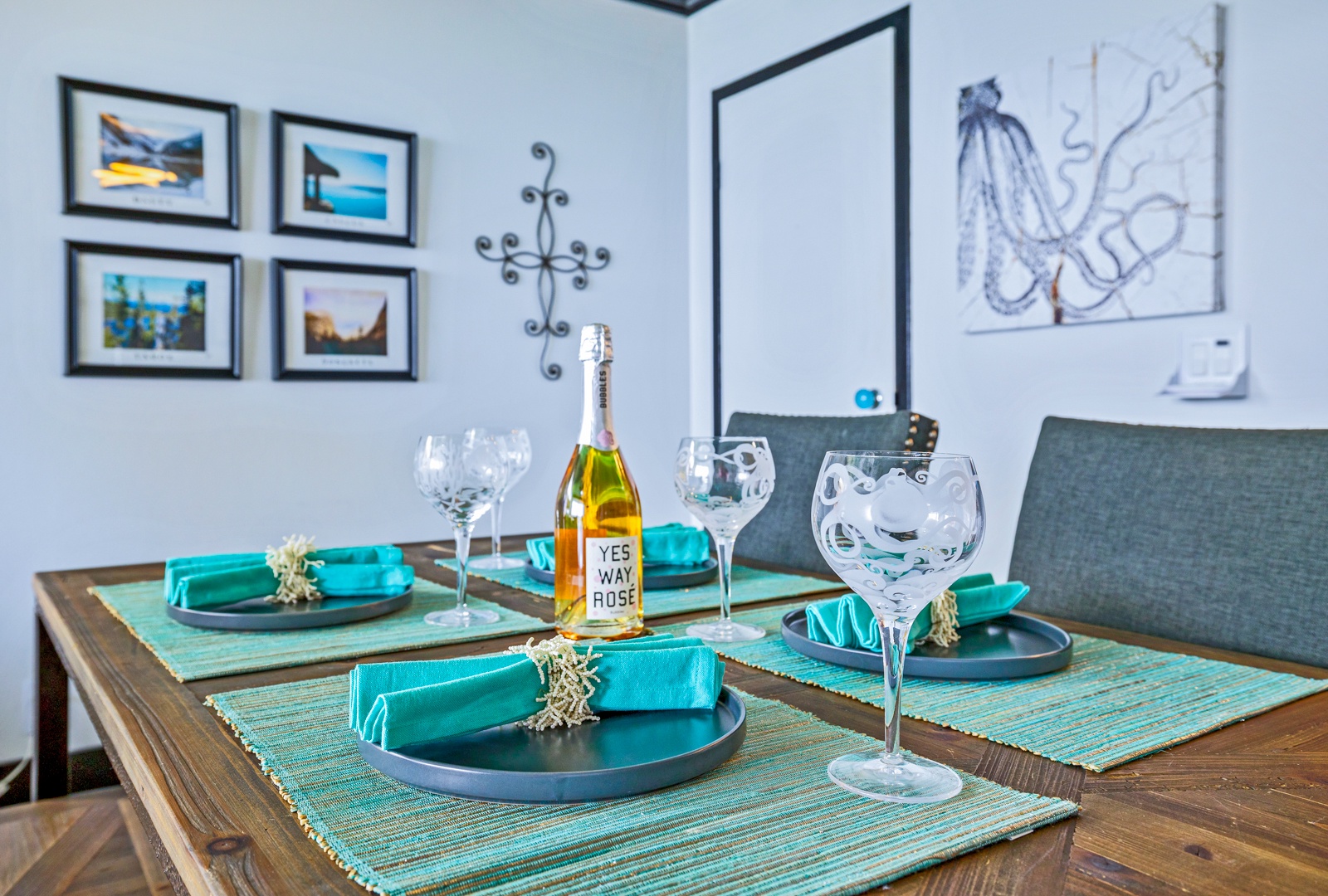 Lahaina Vacation Rentals, Valley Isle 804 - The dining table is set for a special meal, ready for you to enjoy a cozy dinner or celebrate a special occasion with a view of the ocean in the background