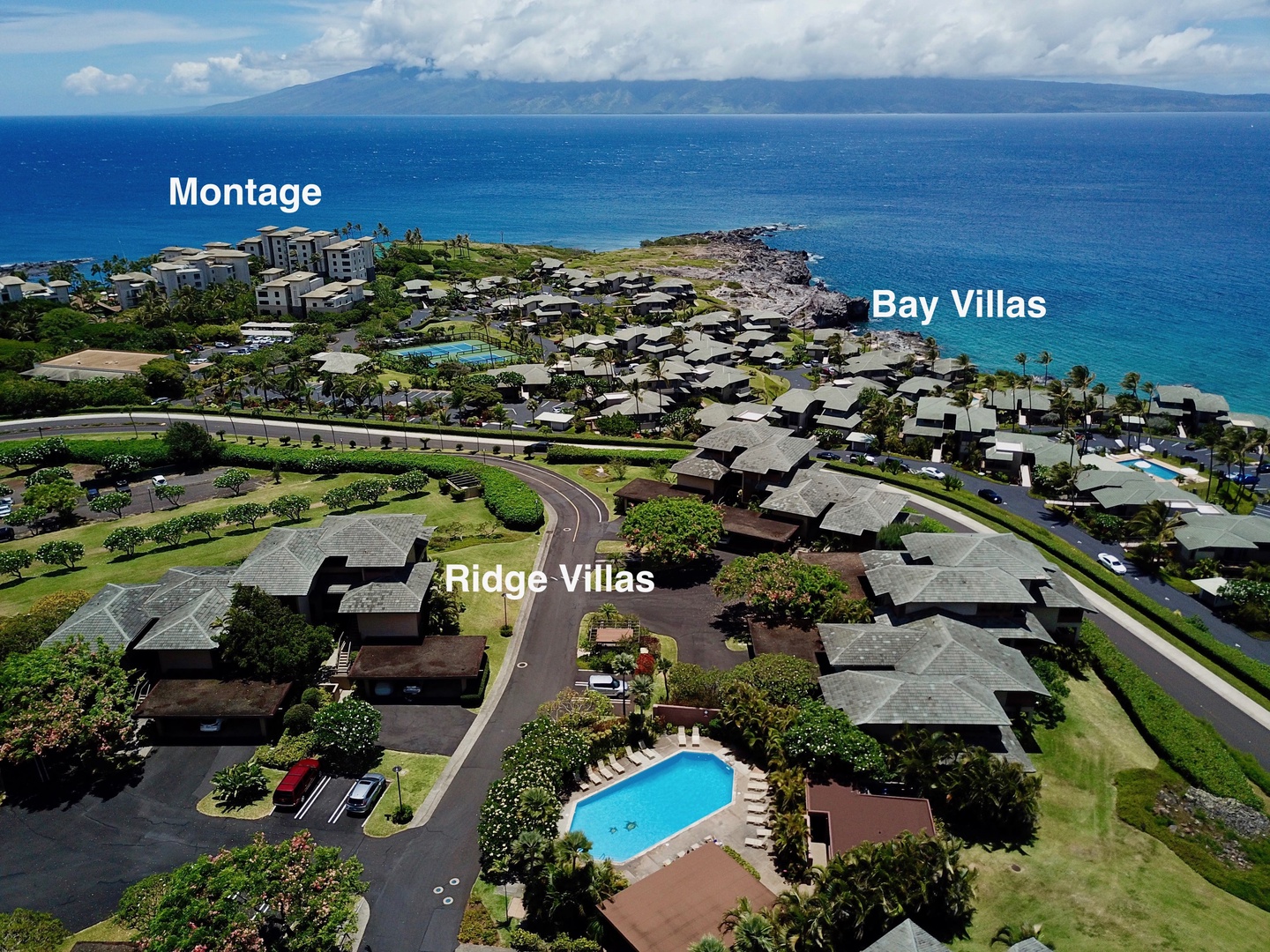 Lahaina Vacation Rentals, Kapalua Ridge 1622 - This aerial shot shows the Ridge Villas, Bay Villas, and nearby Montage, all surrounded by lush landscapes and offering stunning ocean views.