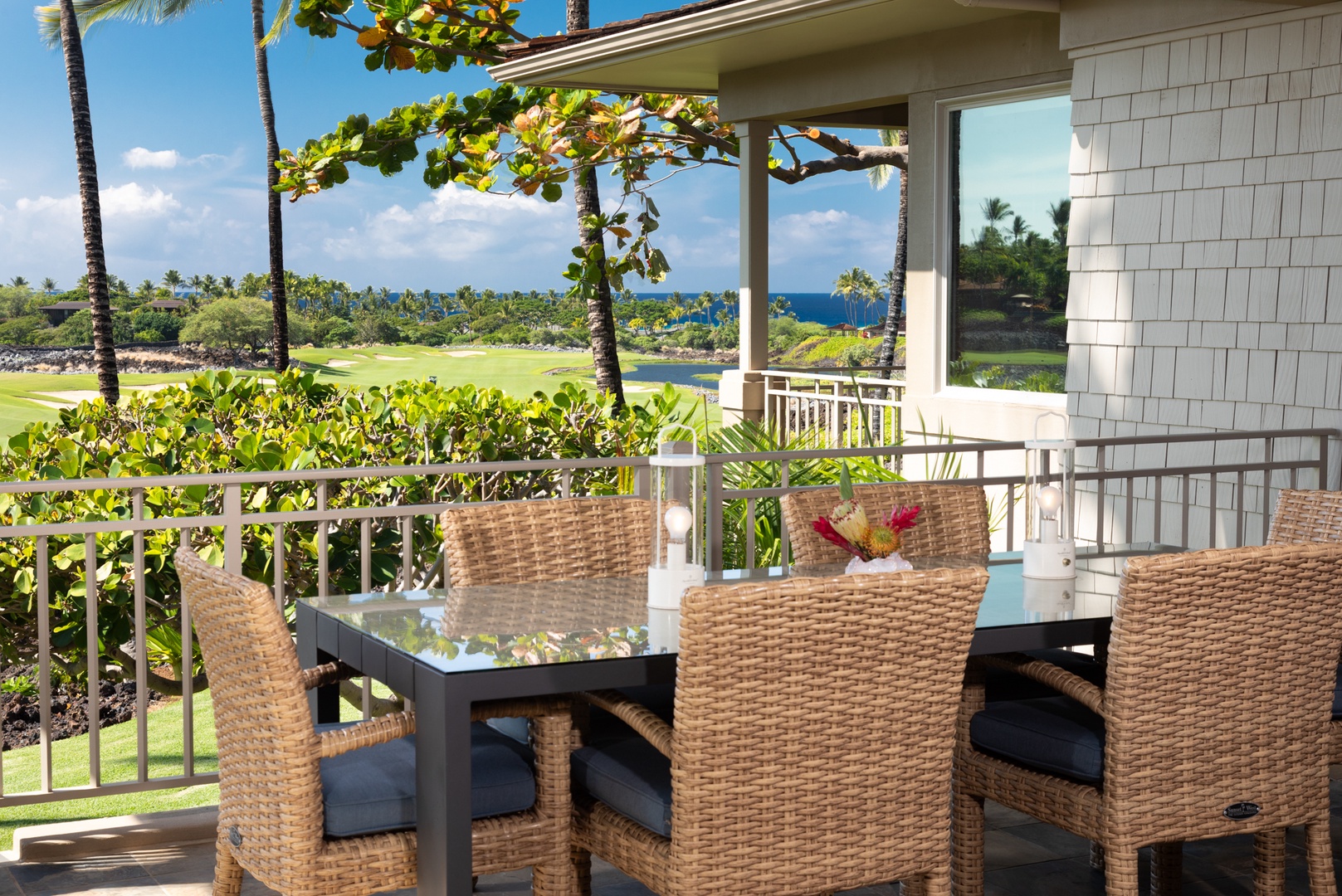 Kailua Kona Vacation Rentals, 3BD Waiulu Villa (111D) at Hualalai Resort - Enjoy morning coffee on your private outdoor dining area with table for six, stunning ocean and golf course views through swaying palms.
