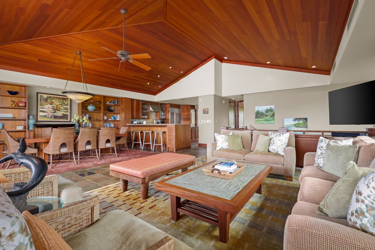 Kailua Kona Vacation Rentals, 3BD Ke Alaula Villa (210A) at Four Seasons Resort at Hualalai - Reverse view from lanai toward upper landing highlighting vaulted ceilings with recessed lighting.