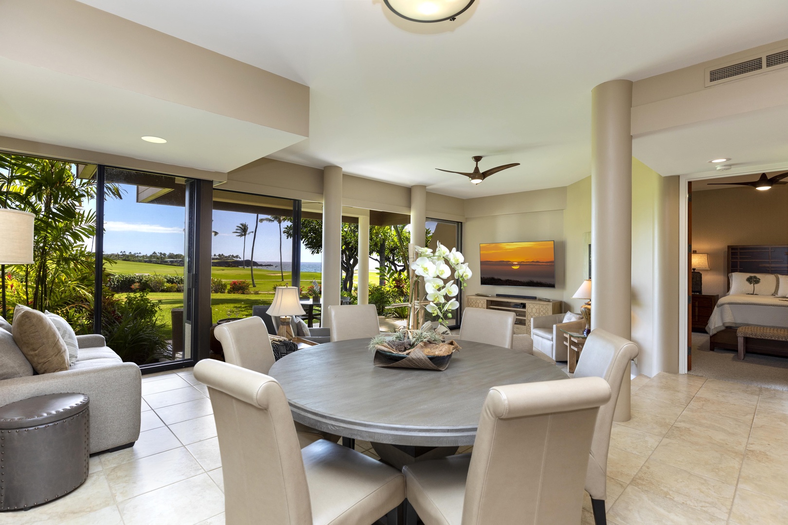 Kamuela Vacation Rentals, Mauna Lani Point E105 - Enjoy a meal indoors while having views and being close to the chef.