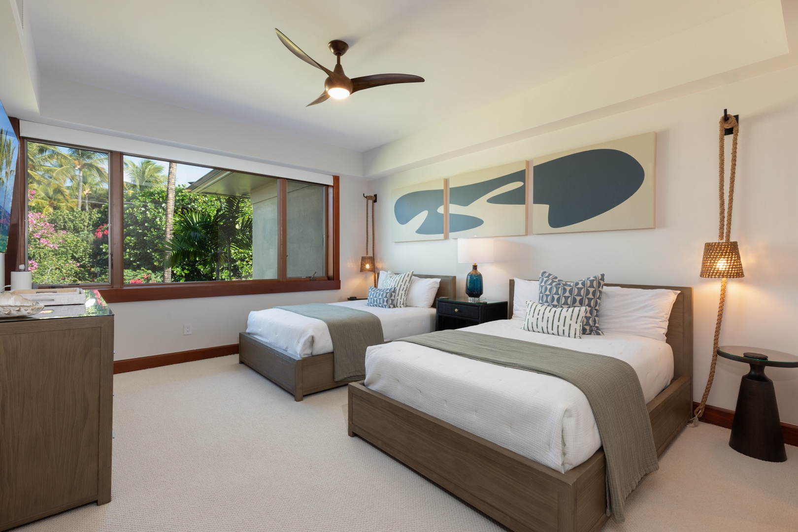 Kailua Kona Vacation Rentals, 3BD Waiulu Villa (111D) at Hualalai Resort - Your two double bed suite offers crisp linens, modern art, and peaceful garden views through expansive windows for restful nights.