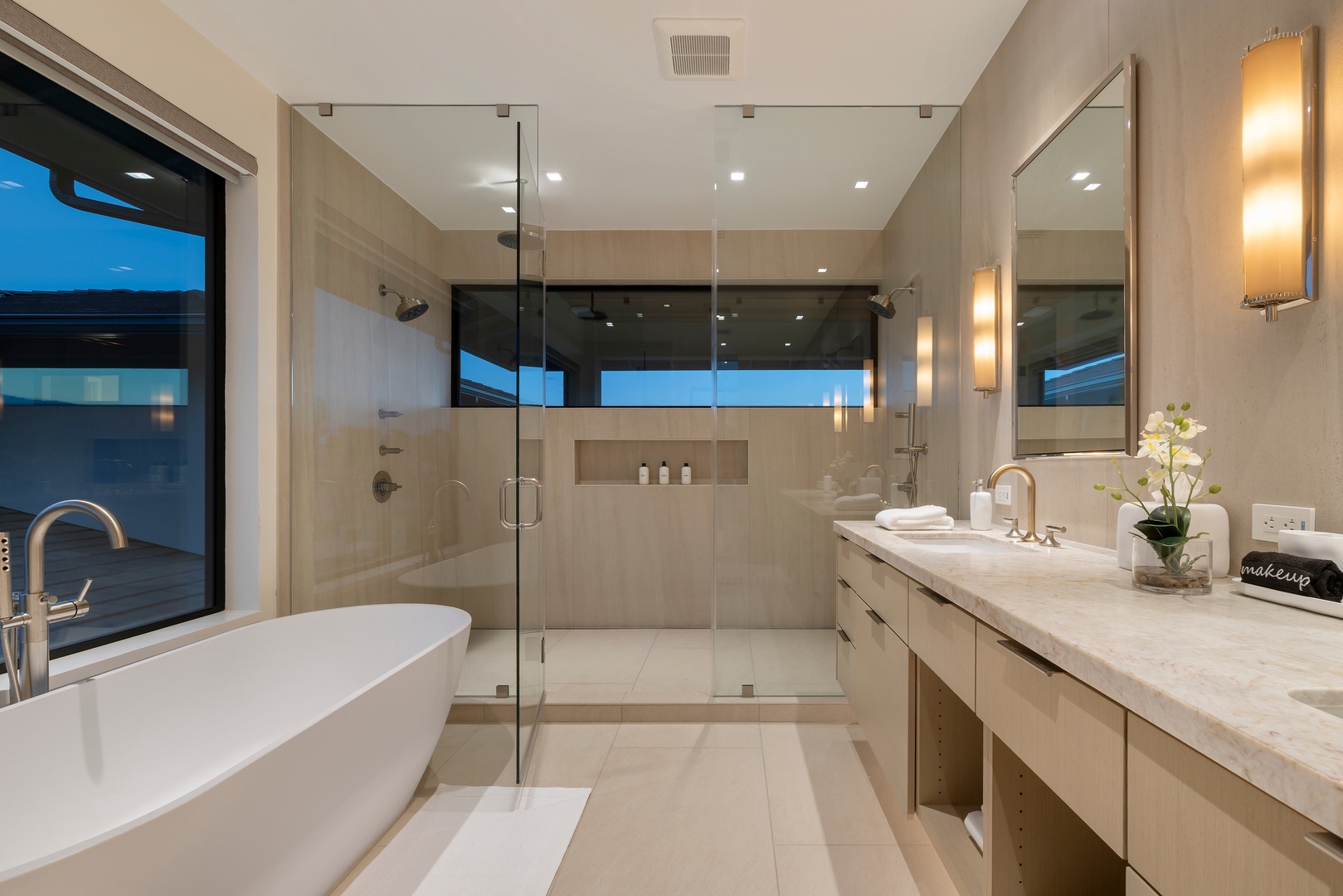 Kamuela Vacation Rentals, 6BD Mauna Lani Lux Golf Estate (6) at One Ocean - Double vanities, a freestanding tub, and a glass shower with a view turn the Upstairs Primary Suite Bath (#1) into its own escape.
