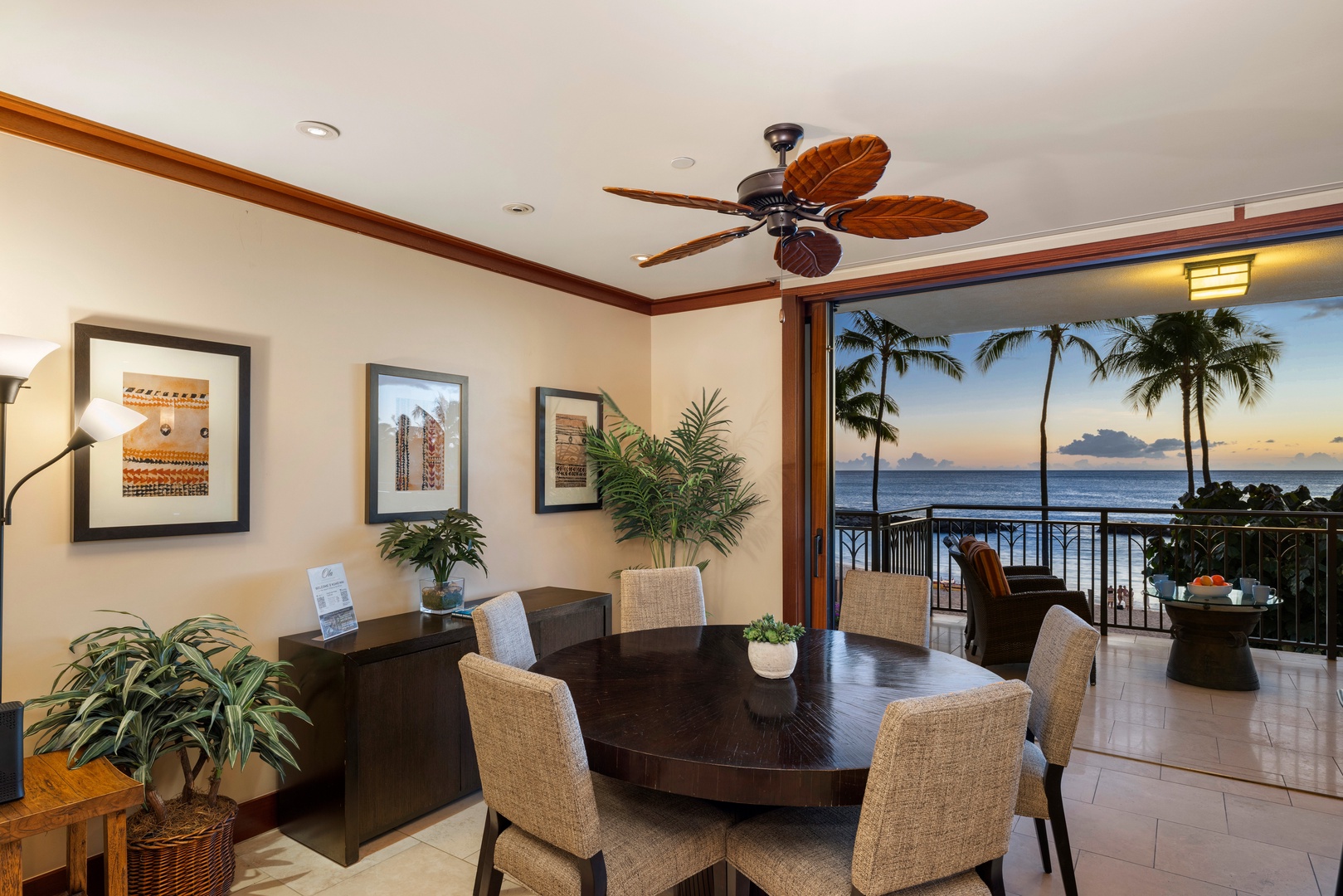 Kapolei Vacation Rentals, Ko Olina Beach Villas B210 - Indoor dining framed by floor-to-ceiling ocean views.