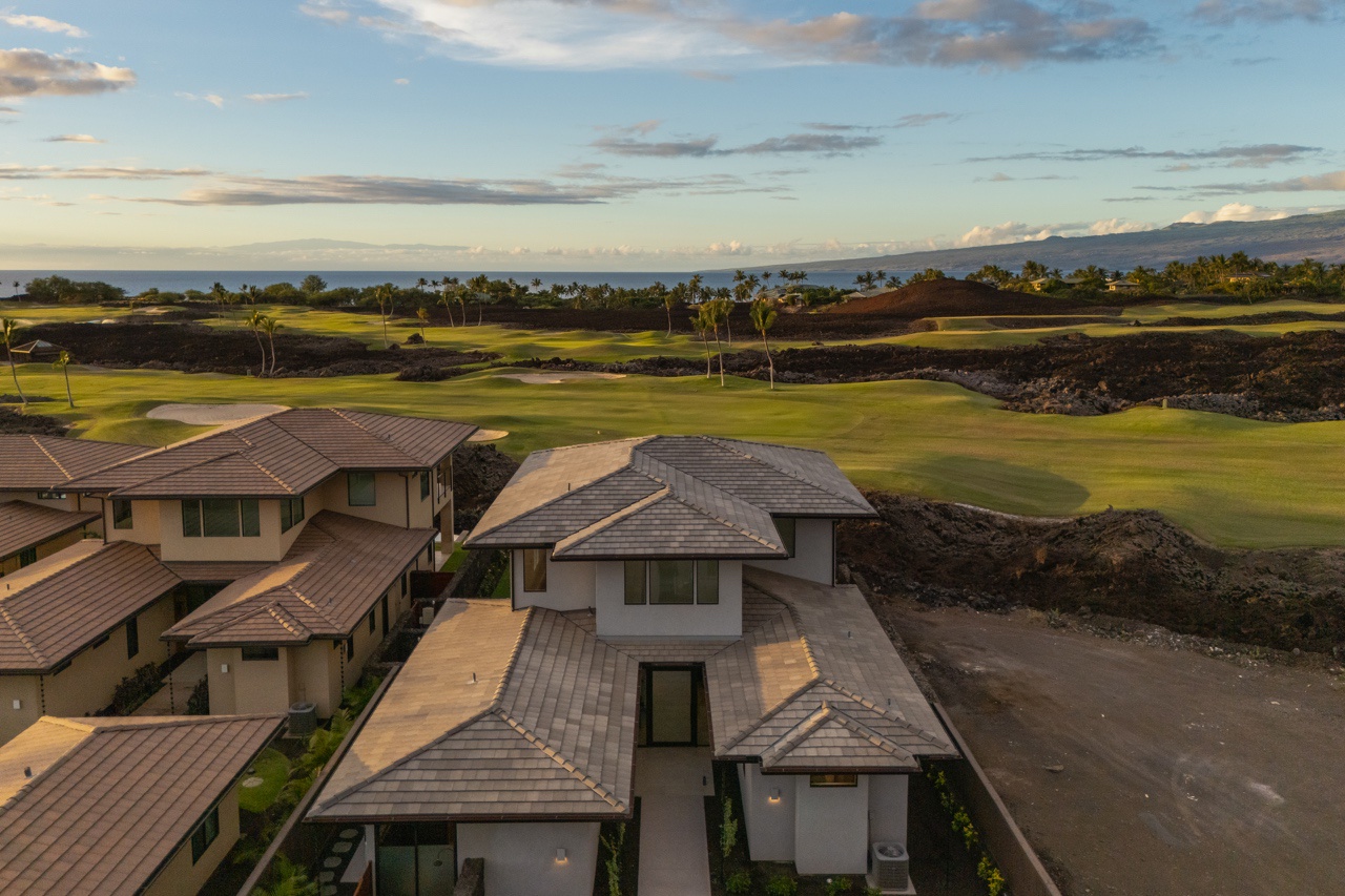 Waimea Vacation Rentals, 5BD Mauna Lani Lux Golf Estate (4) at One Ocean - This aerial view captures the elegant layout of this contemporary home.