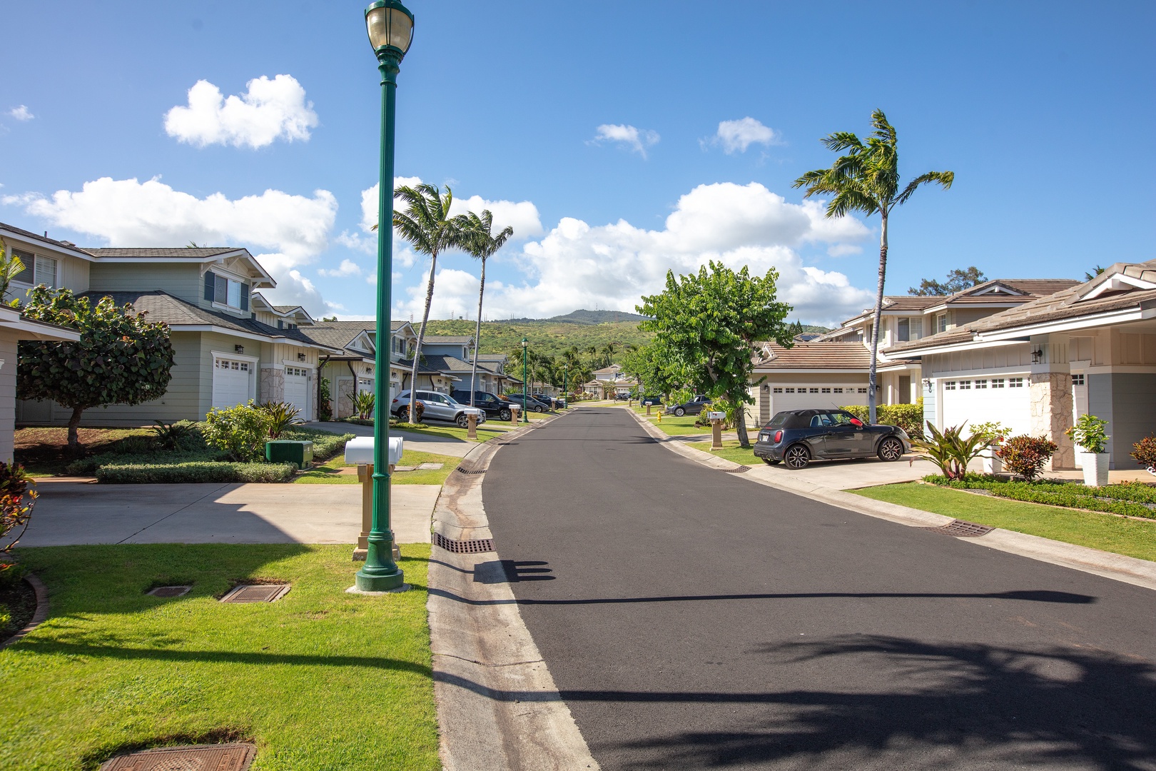 Take an evening walk down palm-lined streets with sidewalks and green hills in the distance.
