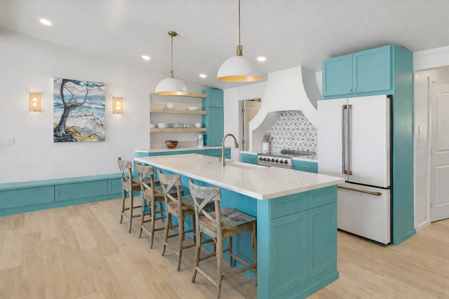 Kailua Vacation Rentals, Kai Nalu - Whip up memorable meals in this stunning coastal kitchen featuring turquoise cabinets, white quartz counters, and a spacious island perfect for gathering.