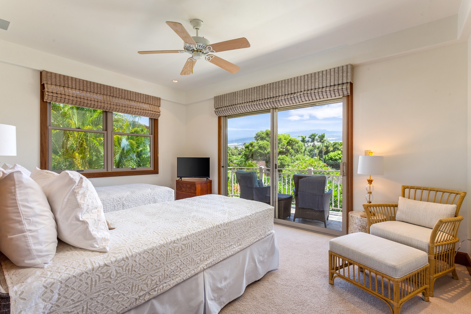 Kailua Kona Vacation Rentals, 3BD Ka'Ulu Villa (129D) at Four Seasons Resort at Hualalai - Third bedroom (upstairs) with two twin beds (can convert to a king upon request), private balcony and adjacent bath.