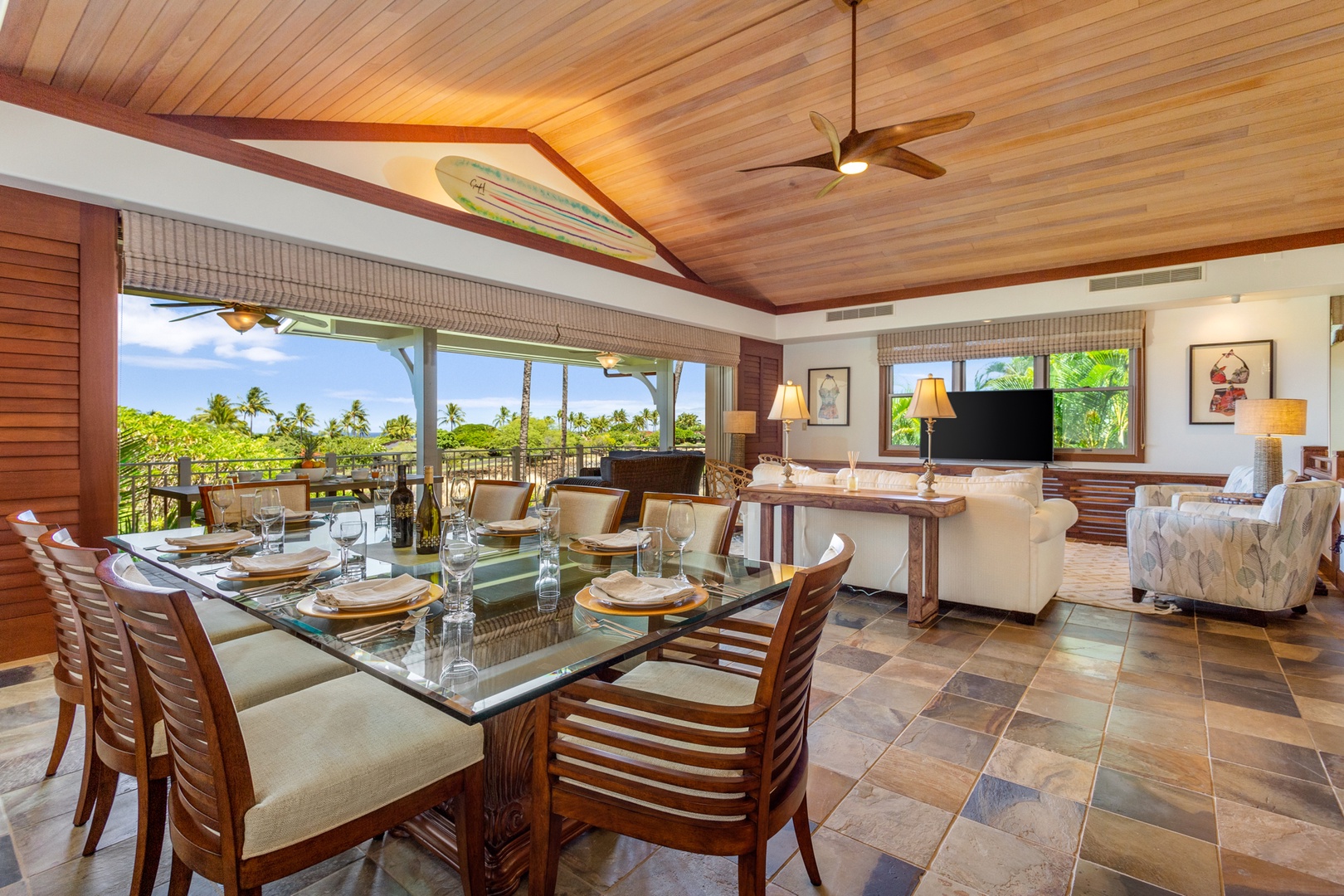 Kailua Kona Vacation Rentals, 3BD Ka'Ulu Villa (129D) at Four Seasons Resort at Hualalai - Elegant seating & dining areas, panelled vaulted ceilings and disappearing pocket doors to the upper lanai.