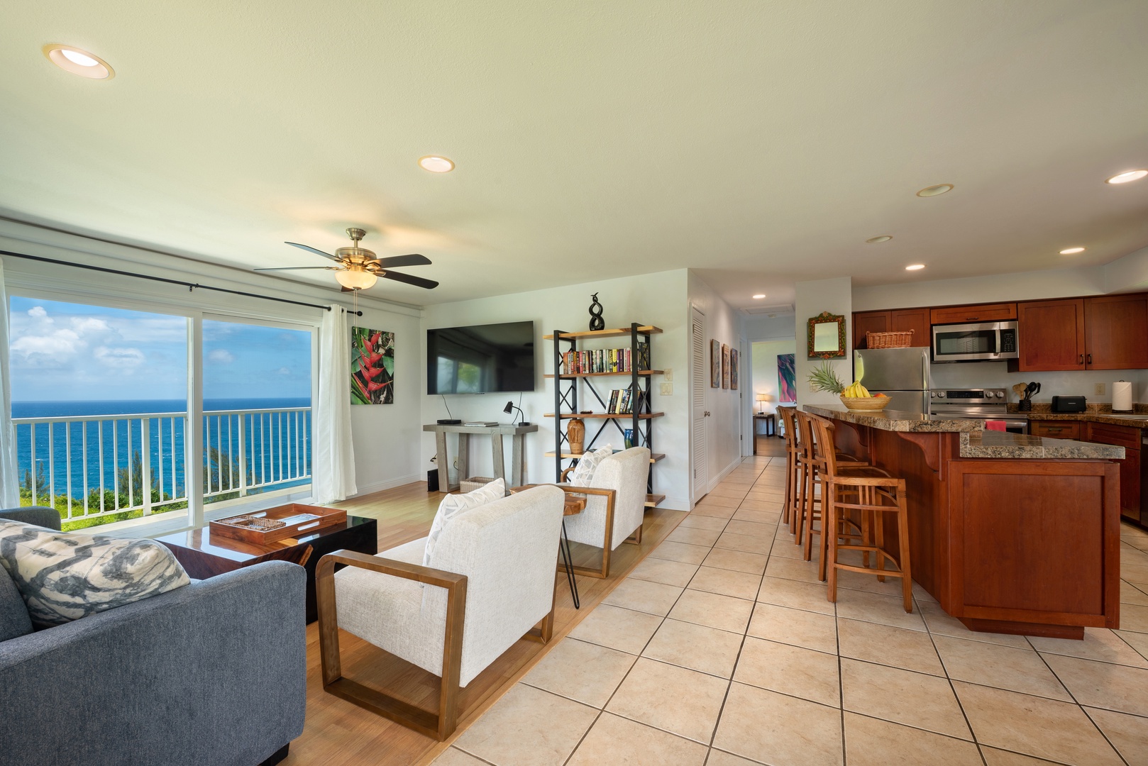 Princeville Vacation Rentals, Moana Kai - Open living and kitchen share one horizon, so no one misses the view while dinner comes together.