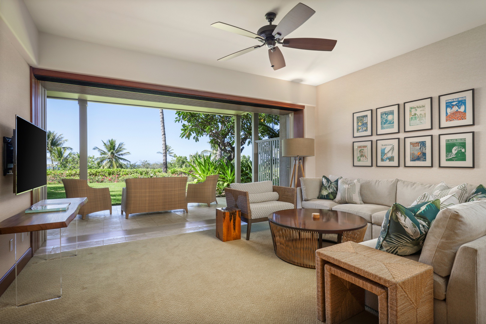 Kailua Kona Vacation Rentals, 3BD Ke Alaula Villa (210B) at Four Seasons Resort at Hualalai - Bonus “retreat” room showcasing sliding glass pocket doors opening to deck and grassy lawn.