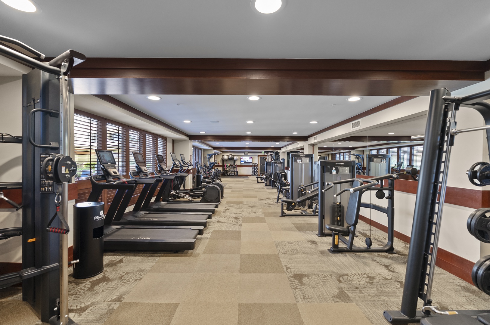 Run indoors when the sun's too much, cardio lined up the length of the room.