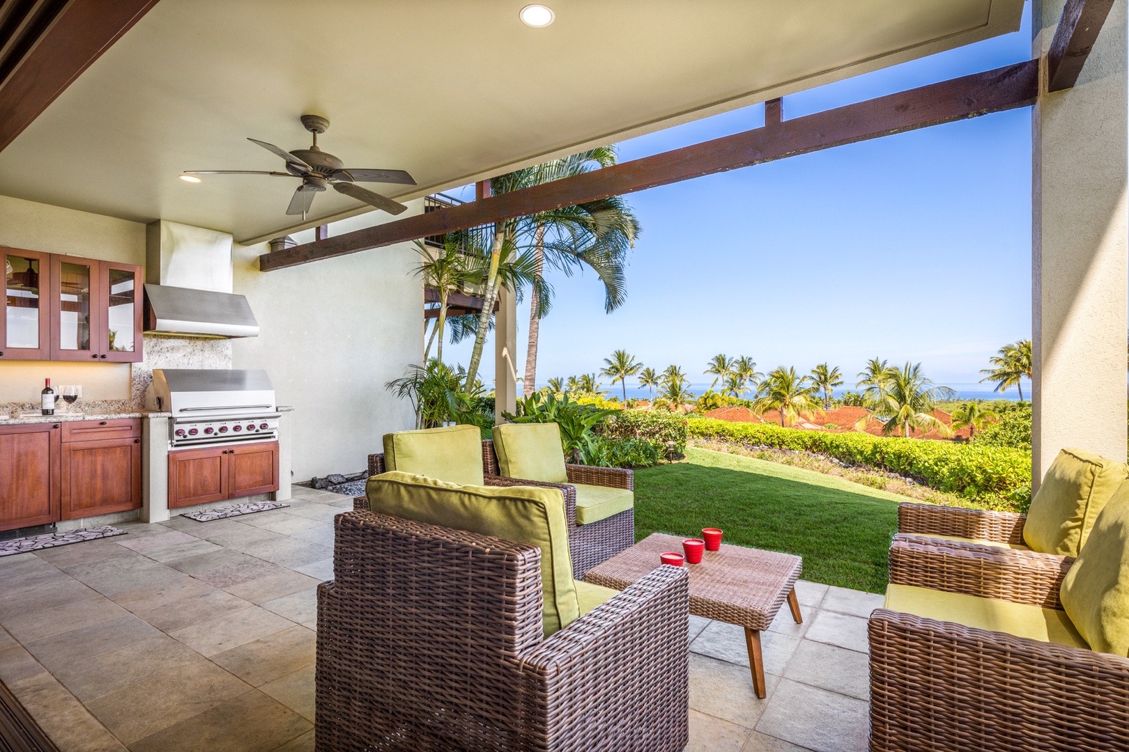 Kailua Kona Vacation Rentals, 3BD Hainoa Villa (2907C) at Four Seasons Resort at Hualalai - Generous lanai with BBQ grill, ocean views & a private grassy lawn, perfect for families and anyone who enjoys ample outdoor living space.