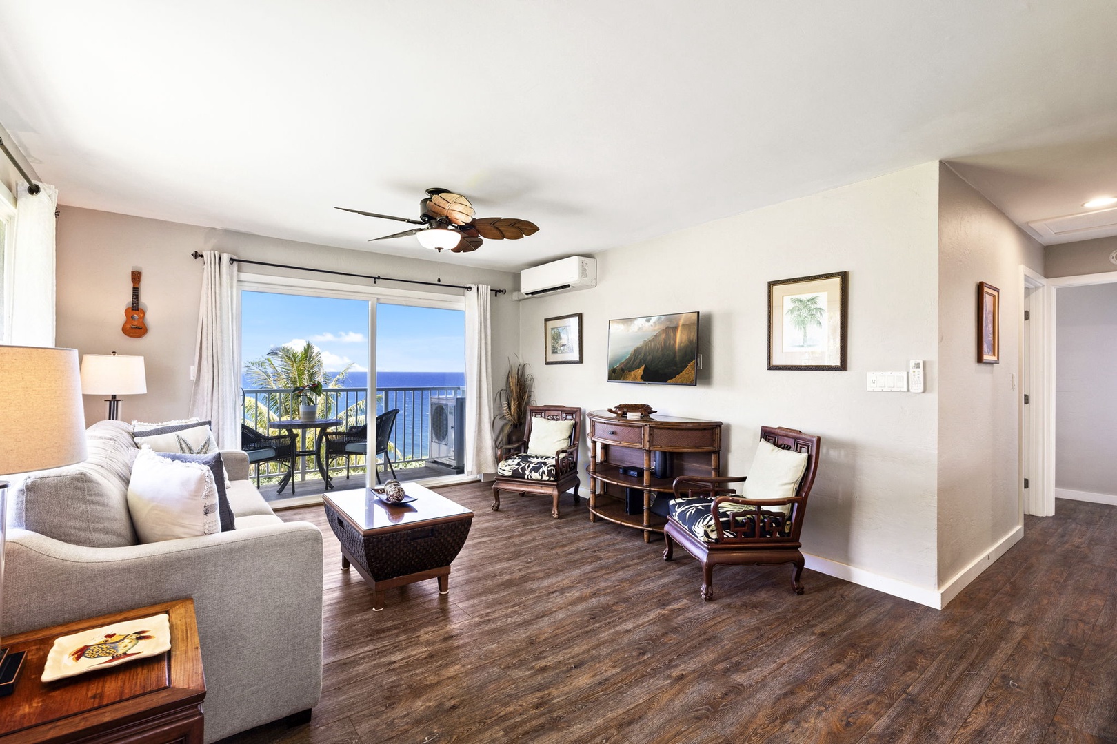 Princeville Vacation Rentals, Alii Kai 7201 - Sink into the couch with the doors open and the ocean part of the room.