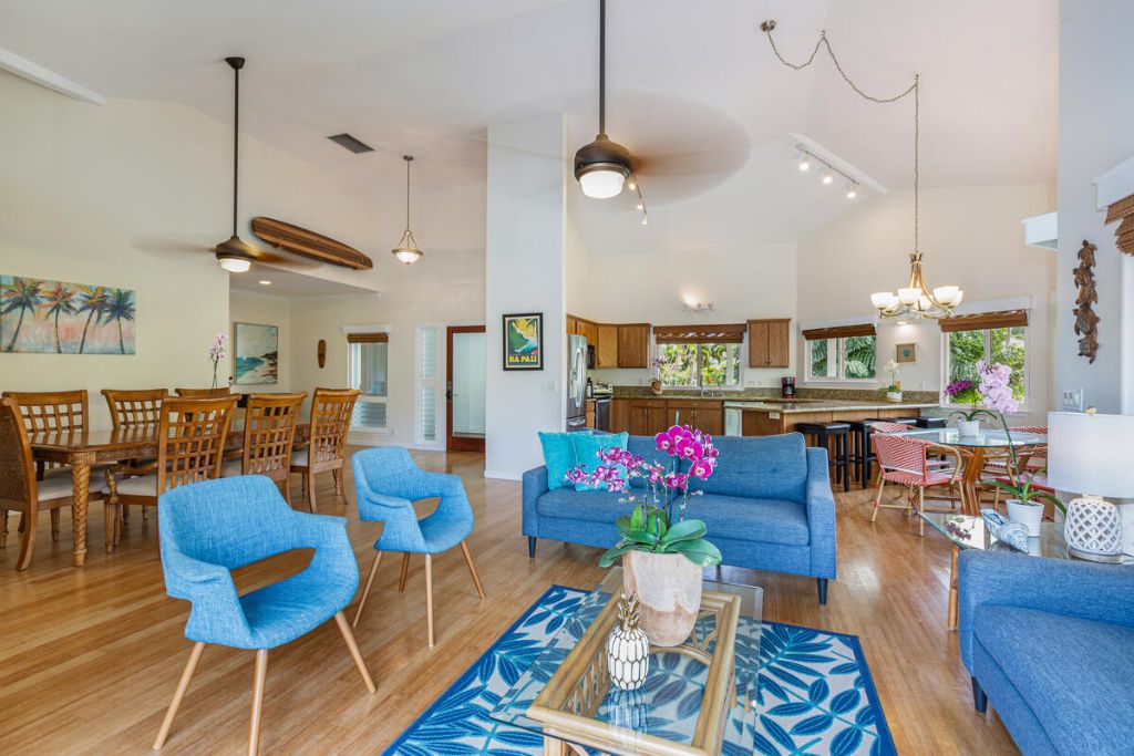 Princeville Vacation Rentals, Hale Cassia - An open-concept floorplan between the kitchen, dining and living areas with large windows