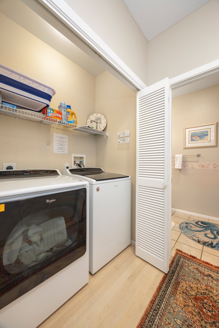 Keep your clothes fresh in your private laundry room with full-size washer and dryer, plus storage for all your beach essentials.