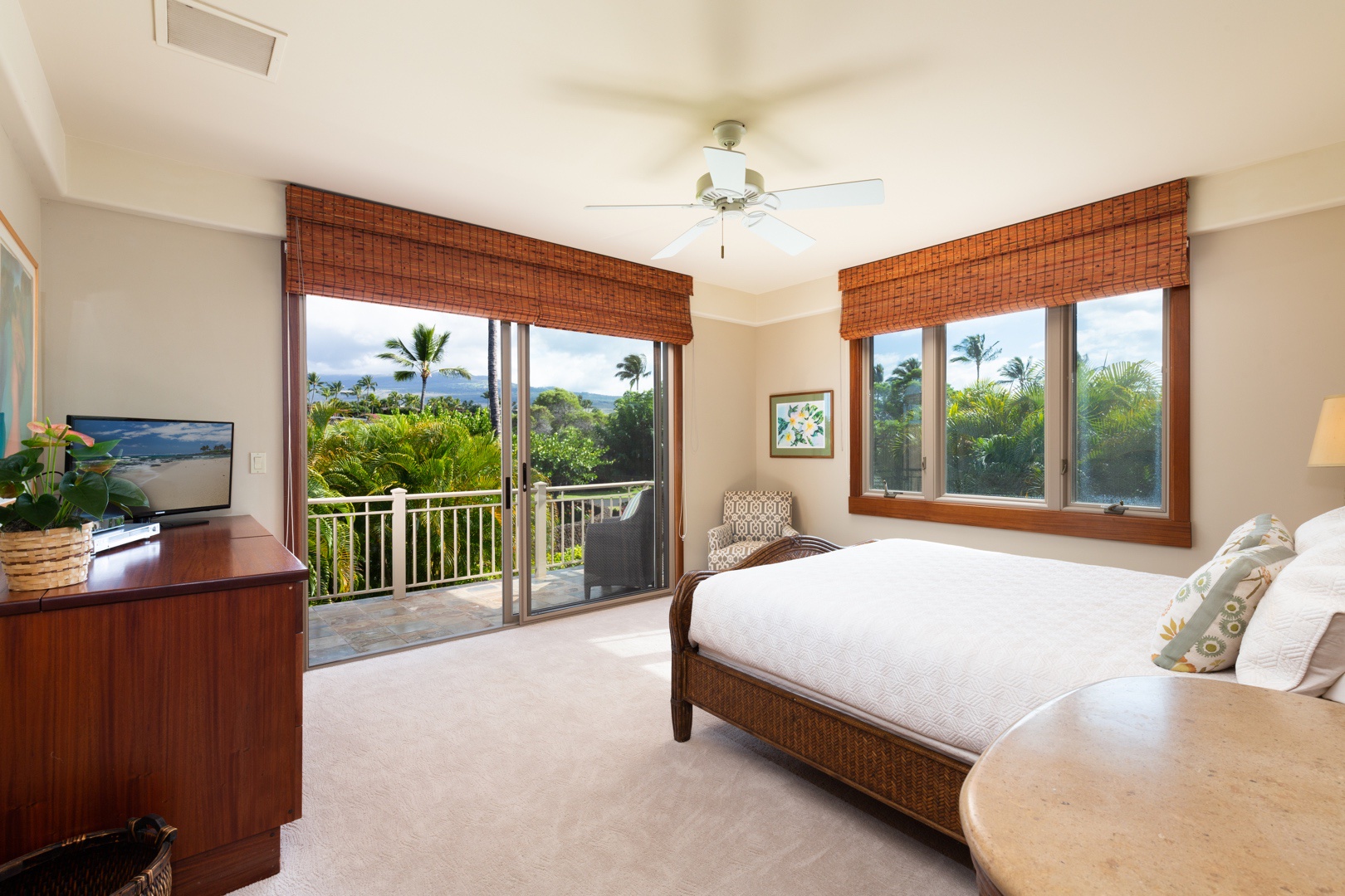 Kailua Kona Vacation Rentals, 3BD Ke Alaula Villa (210A) at Four Seasons Resort at Hualalai - Upper level guest room with queen bed and private balcony with views of Mt. Hualalai.