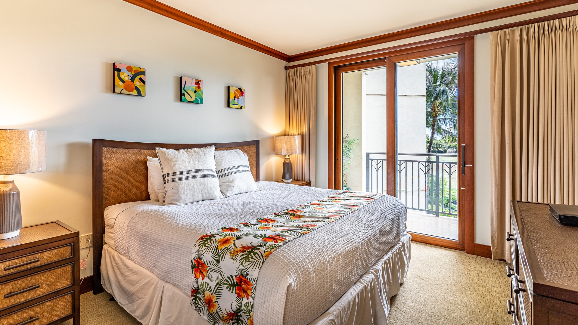 Kapolei Vacation Rentals, Ko Olina Beach Villas B403 - The primary guest bedroom with access to the lanai.