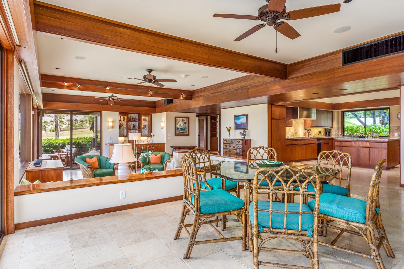 Kamuela Vacation Rentals, 4BD Villas (21) at Mauna Kea Resort - View of Upholstered Dining Set Looking Toward Kitchen (Right) & Living Area.