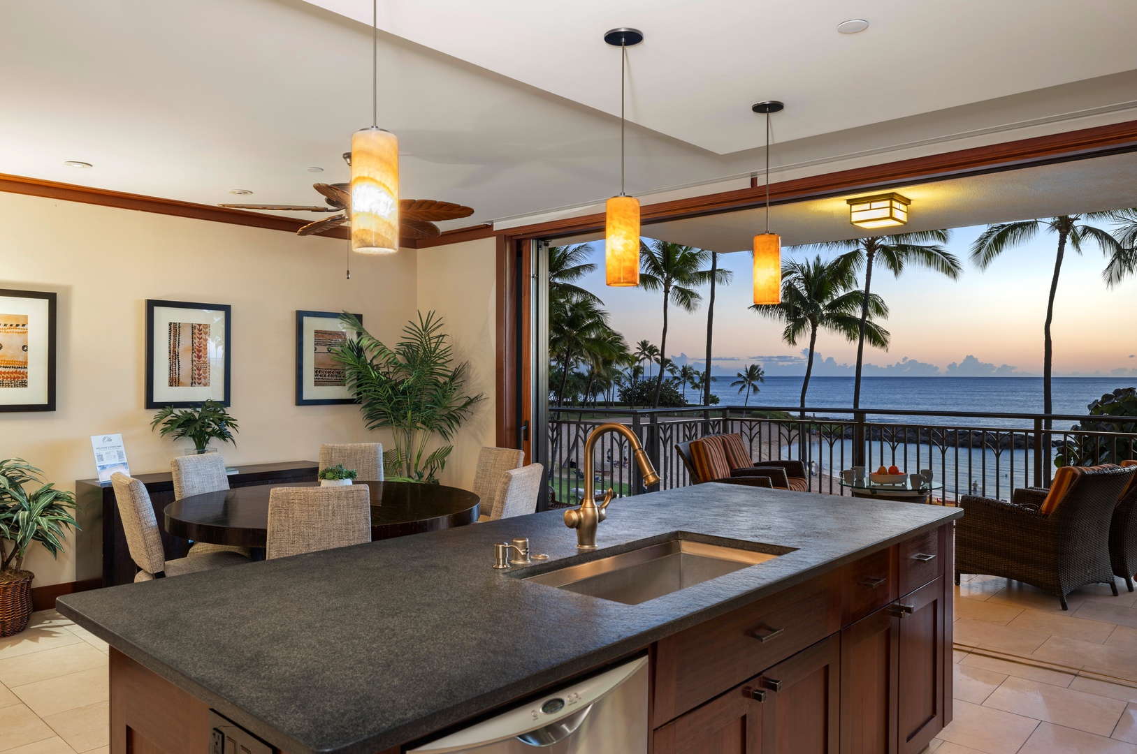 Kapolei Vacation Rentals, Ko Olina Beach Villas B210 - Gourmet kitchen with ocean views and island seating.