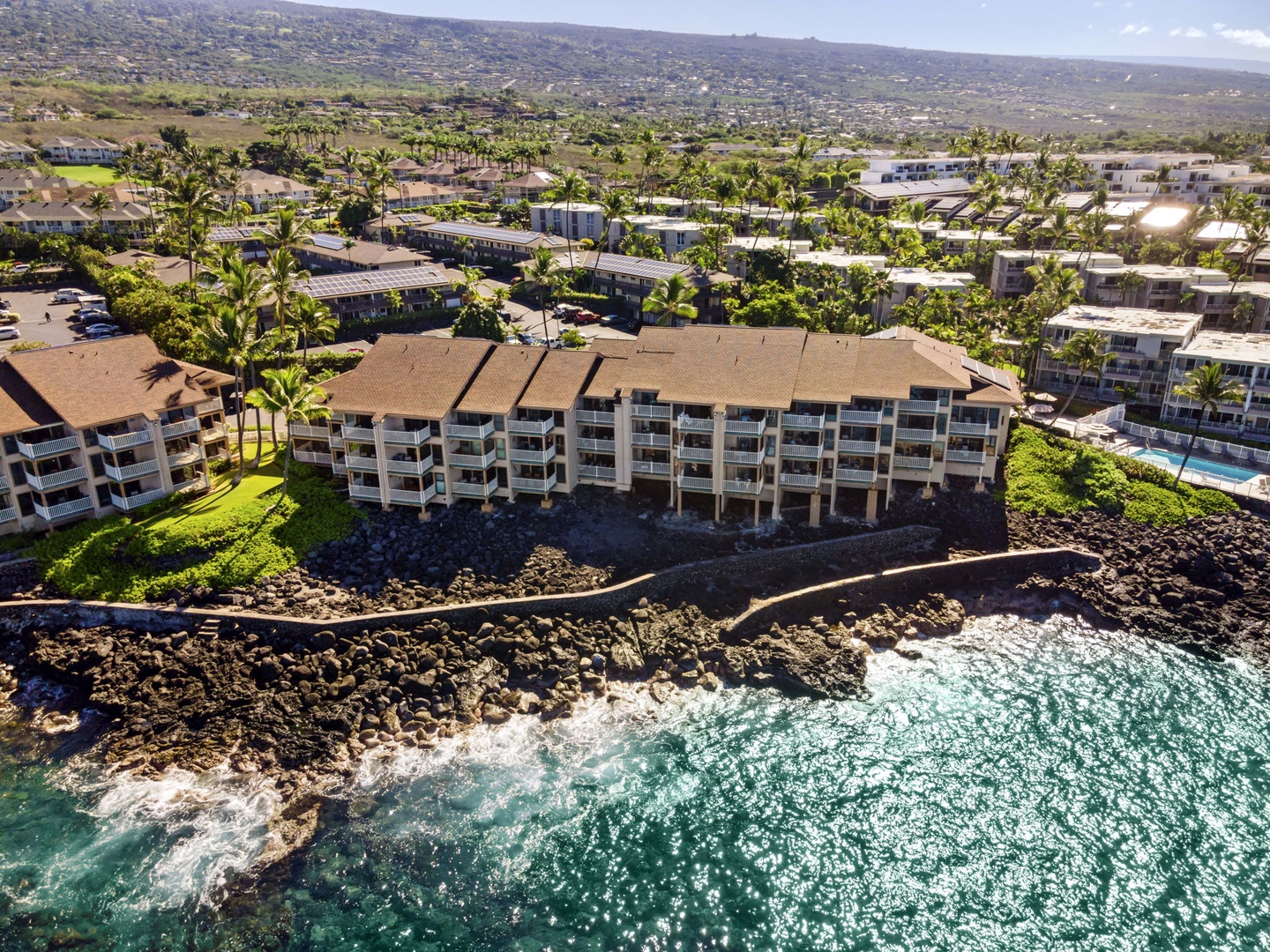 Kailua Kona Vacation Rentals, Sea Village 4213 - Aerial view of Sea Village’s oceanfront location—nestled along scenic Ali'i Drive with top-tier amenities.