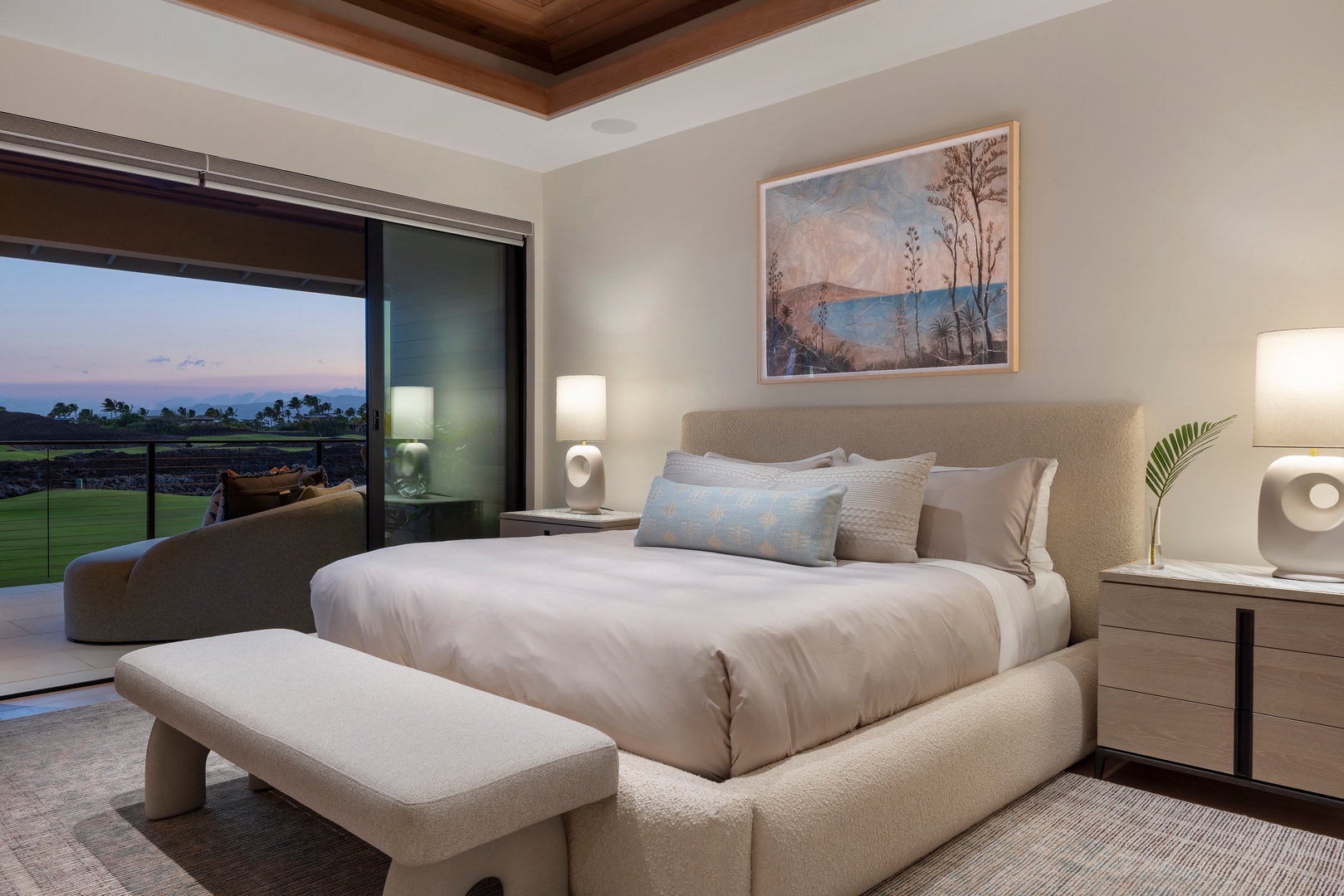 Kamuela Vacation Rentals, 6BD Mauna Lani Lux Golf Estate (6) at One Ocean - Slide the doors wide and the Upstairs Primary Suite (Bedroom #1) borrows the whole sunset for itself.