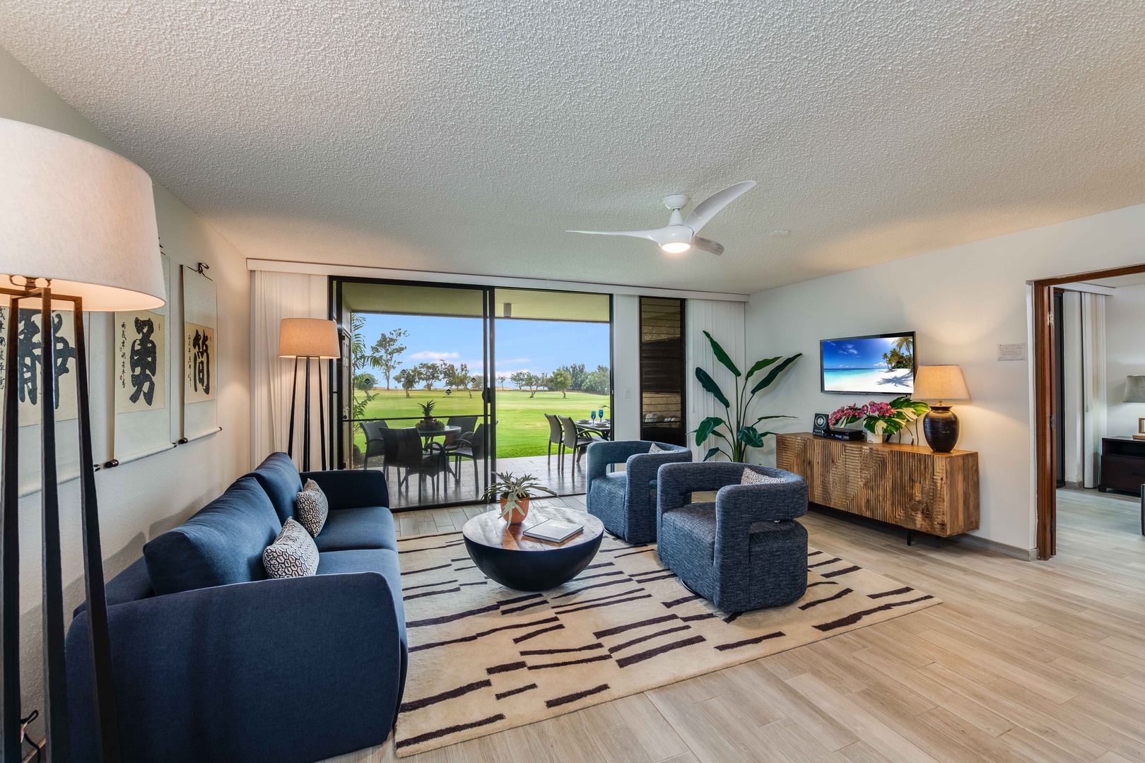 Waikoloa Vacation Rentals, Waikoloa Villas A107 - Beautiful Living Room Opens onto Your Private Terrace w/ Golf Course Frontage and Distant Ocean View