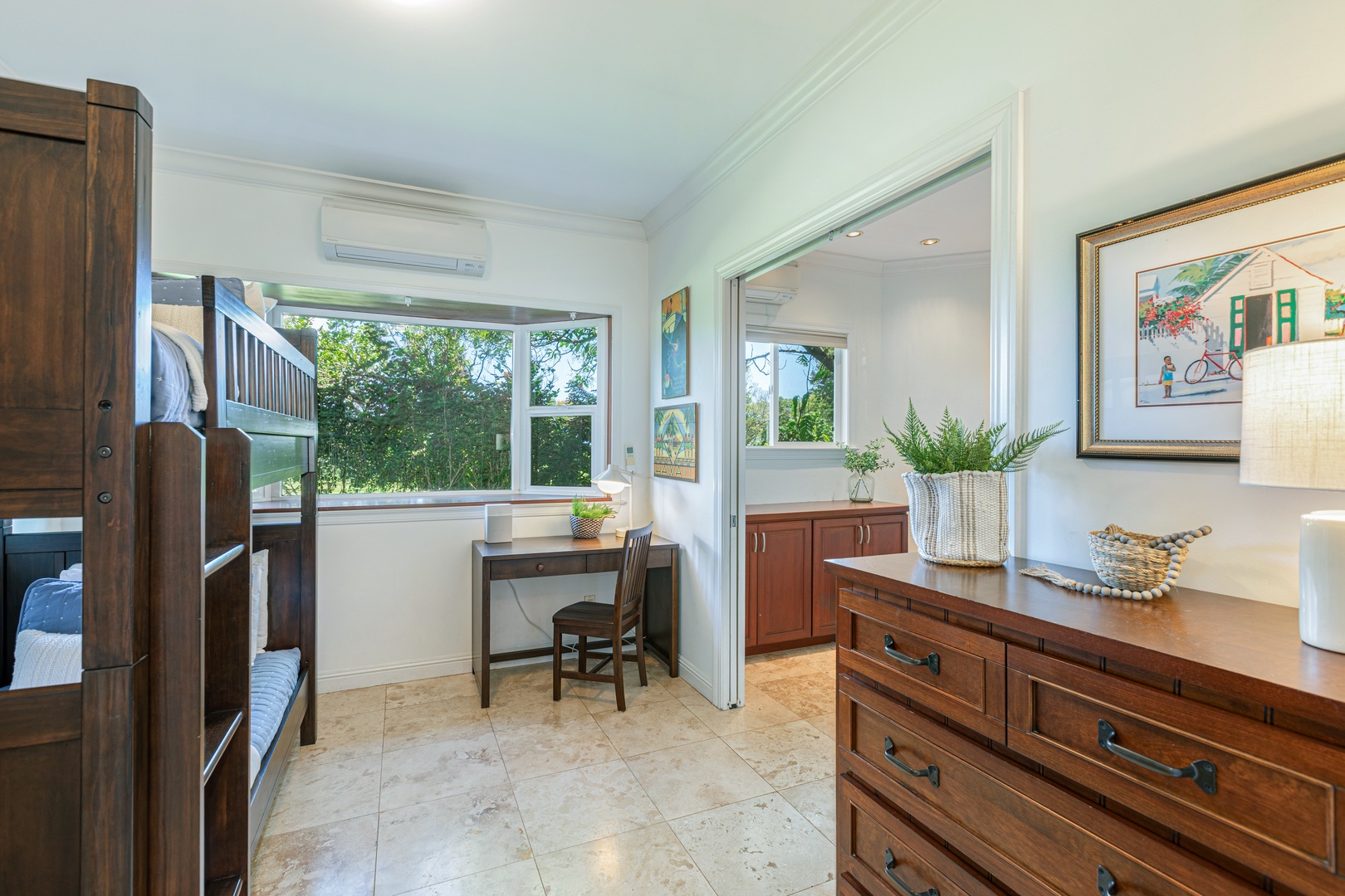 Princeville Vacation Rentals, Ohana Kamalani - Bunk room with desk space and natural light — perfect for kids or additional guests.