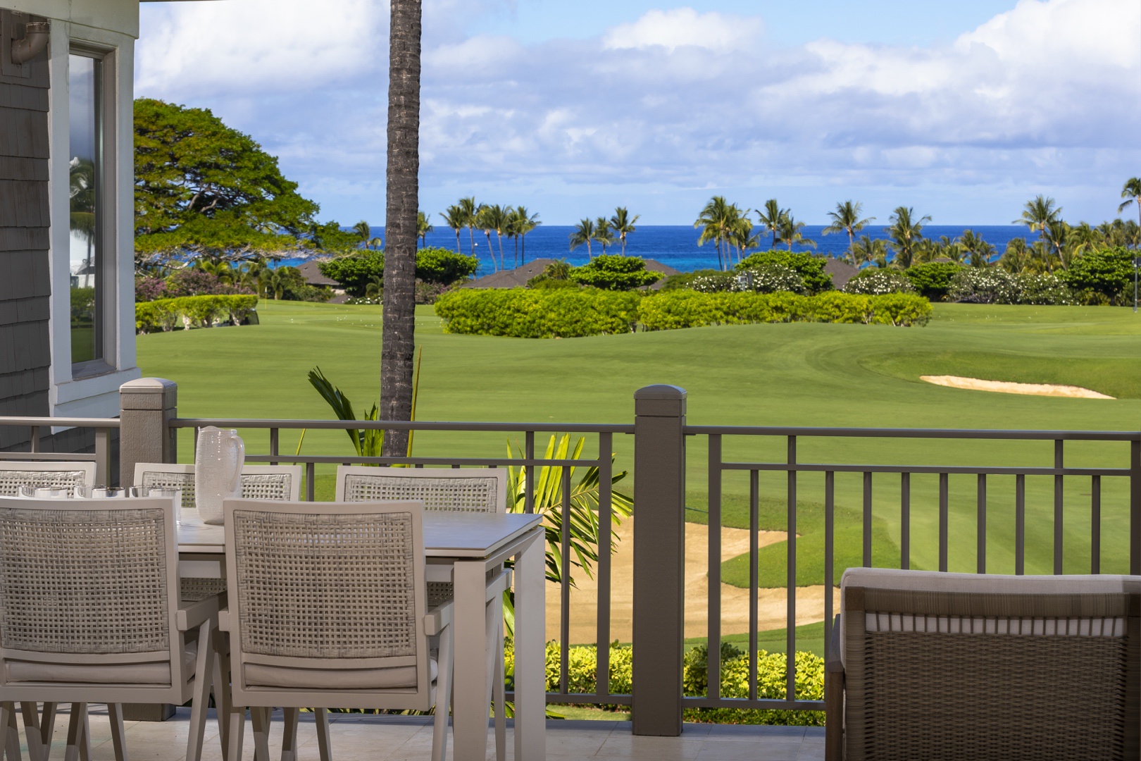 Kailua Kona Vacation Rentals, 3BD Palm Villa (130B) at Hualalai Resort - The lanai overlooks the Palm Villa greenery and the horizon