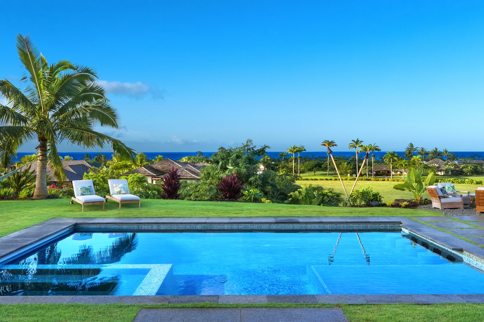 Koloa Vacation Rentals, Hale Ka Pua Ola at Kukuiula - Sparkling private pool with breathtaking ocean and garden views.