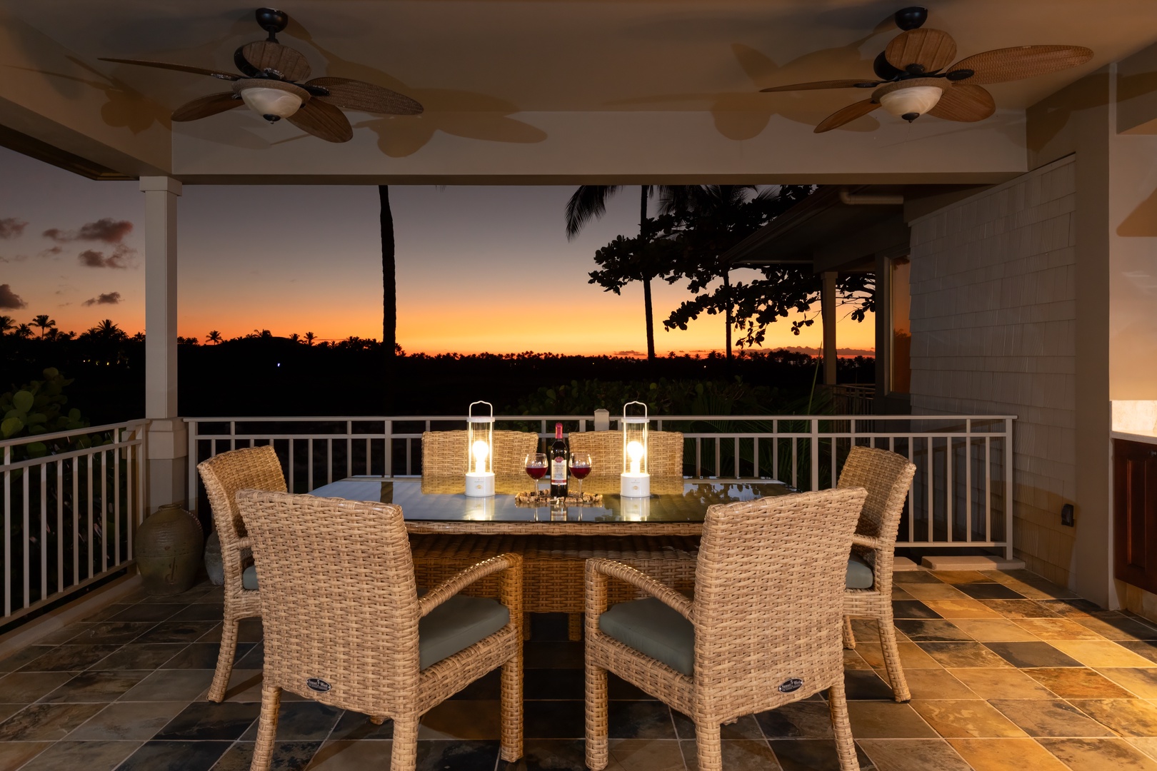Kailua Kona Vacation Rentals, 3BD Waiulu Villa (111D) at Hualalai Resort - Outdoor dining area with seating for 6, ideal for enjoying sunsets and meals al fresco.