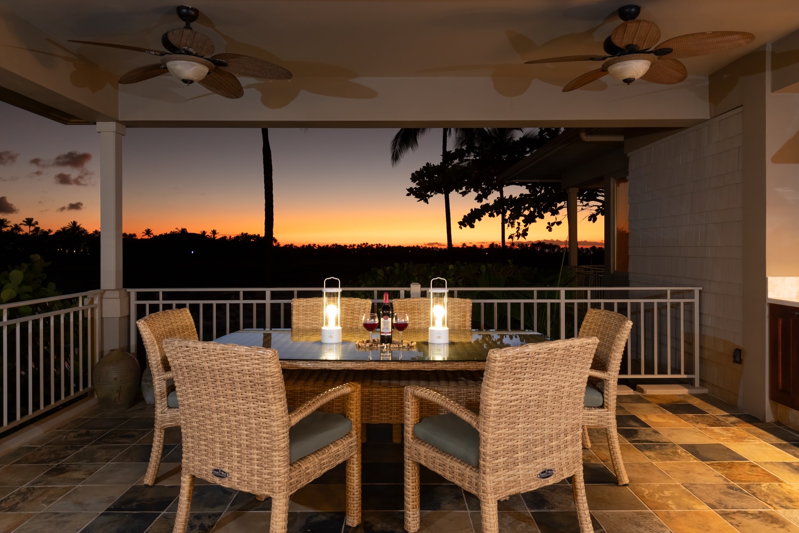 Kailua Kona Vacation Rentals, 3BD Waiulu Villa 111D at Hualalai Resort - Outdoor dining area with seating for 6, ideal for enjoying sunsets and meals al fresco.