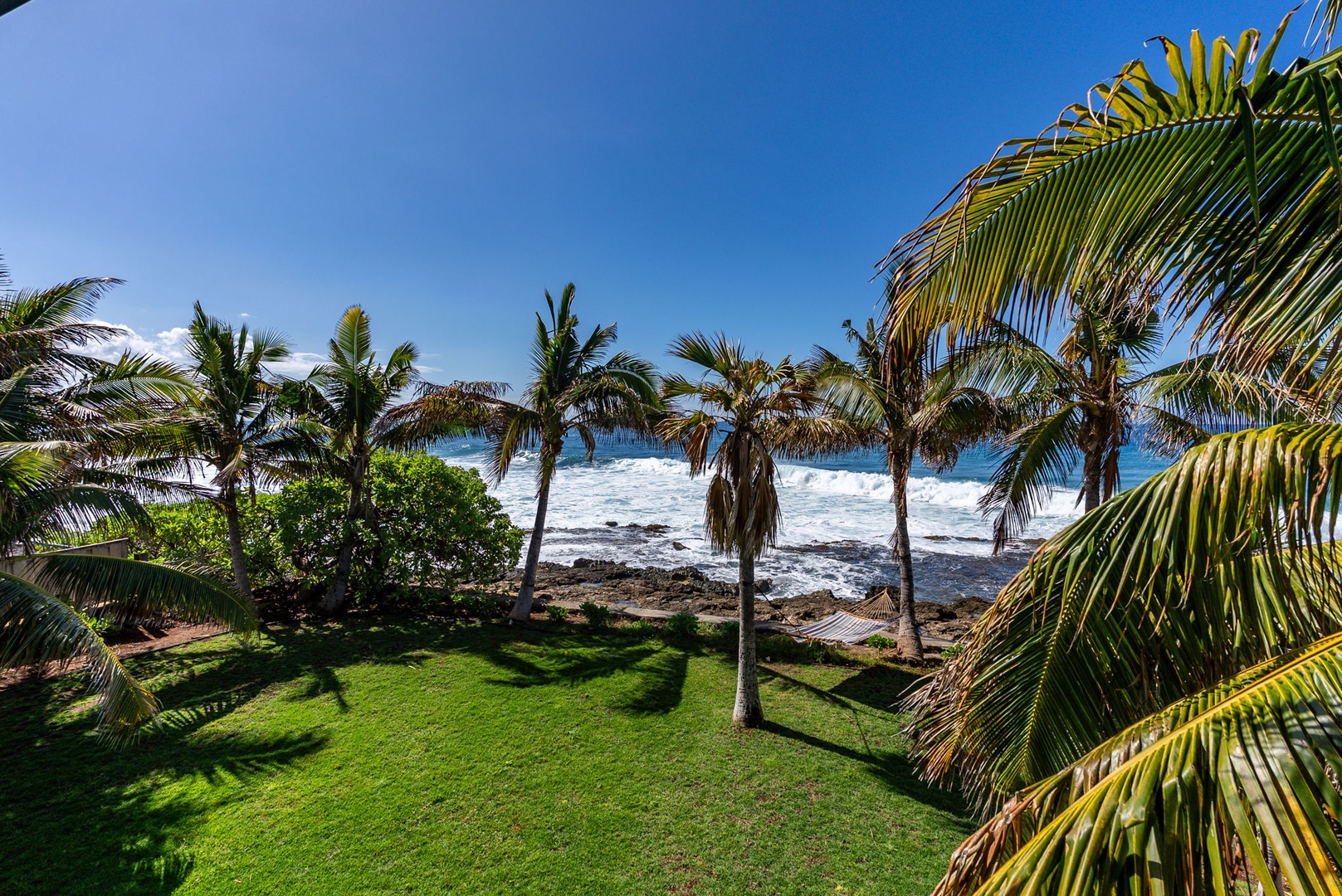 Waianae Vacation Rentals, Oceanfront Luxury Dream Estate - Palm trees sway in the gentle breeze beside a lush grassy yard and tide pools at the edge of the lawn.