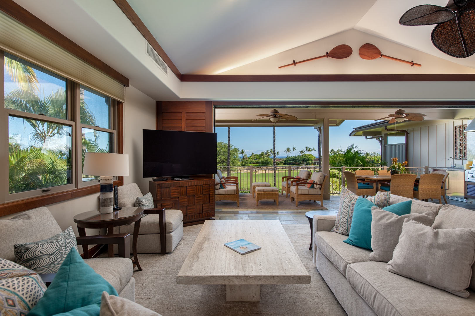 Kailua Kona Vacation Rentals, 3BD Ka'Ulu Villa (109A) at Four Seasons Resort at Hualalai - Lounge in the open living area and never miss an episode of your favorite show.