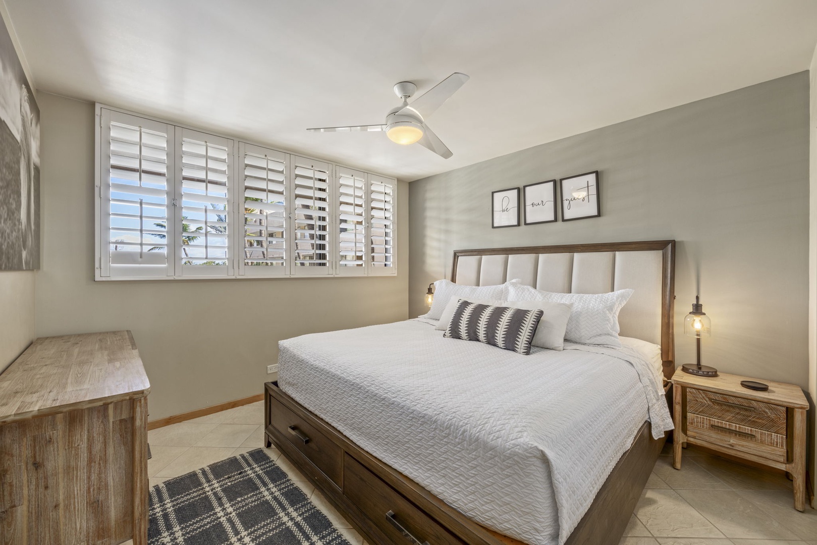 Wailuku Vacation Rentals, Milowai 310 - This bedroom gets its own plantation shutters and its own three-print welcome above the bed.