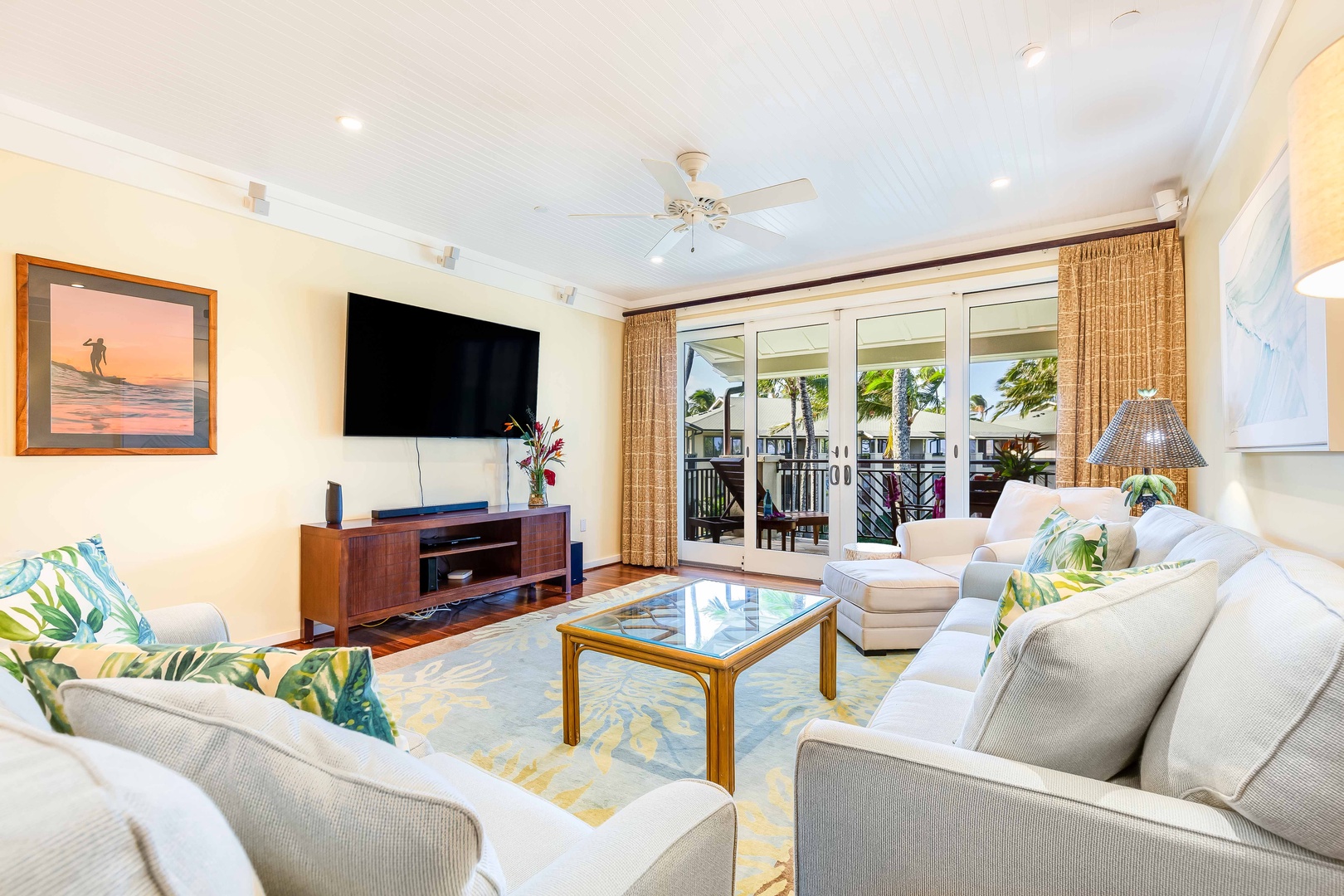 Kahuku Vacation Rentals, Turtle Bay Villas 313 - Living room has comfy couches and a big tv