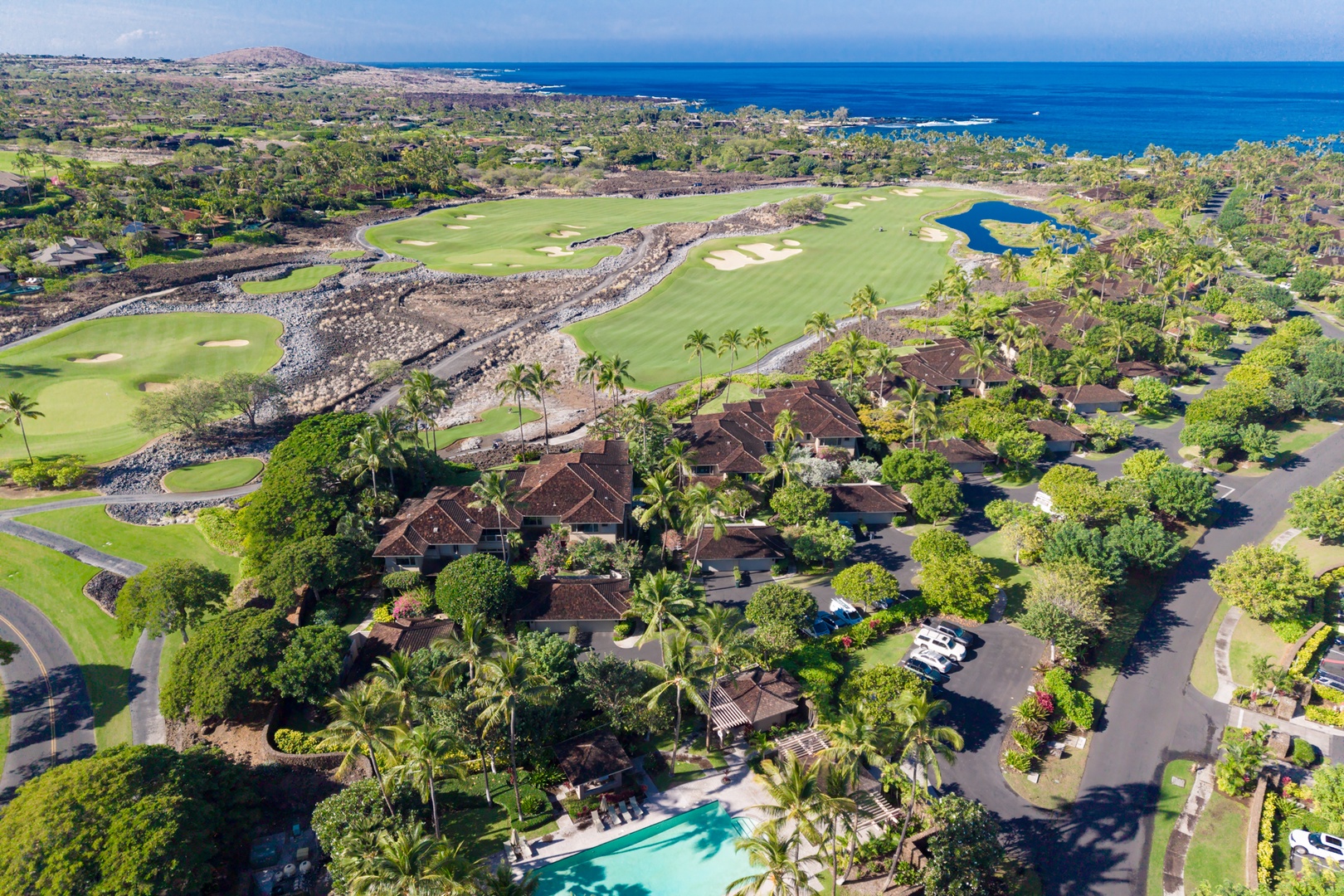 Kailua Kona Vacation Rentals, 3BD Waiulu Villa (111D) at Hualalai Resort - Spectacular oceanfront golf course property with championship fairways, pristine blue waters, and tropical landscaping creating an idyllic Hawaiian resort setting.