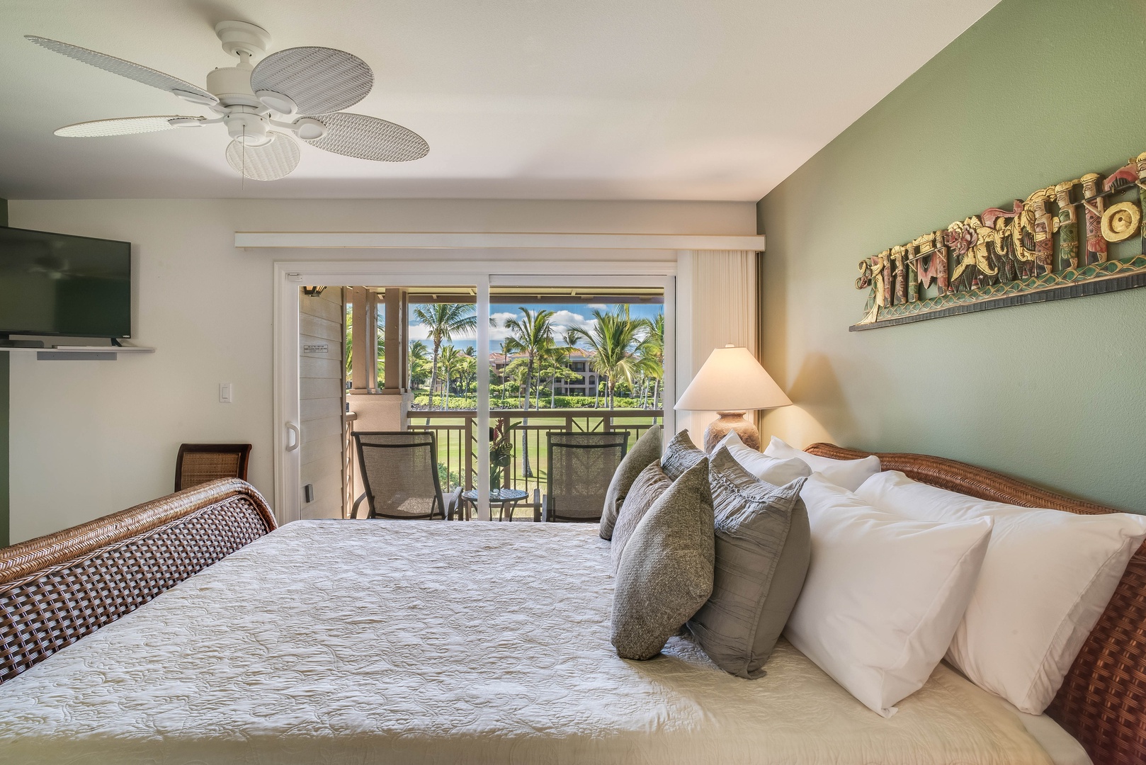 Waikoloa Vacation Rentals, Waikoloa Colony Villas 403 - Primary Bedroom w/ King Size Bed, Private Lanai w/ Loungers ,and Ensuite Bath