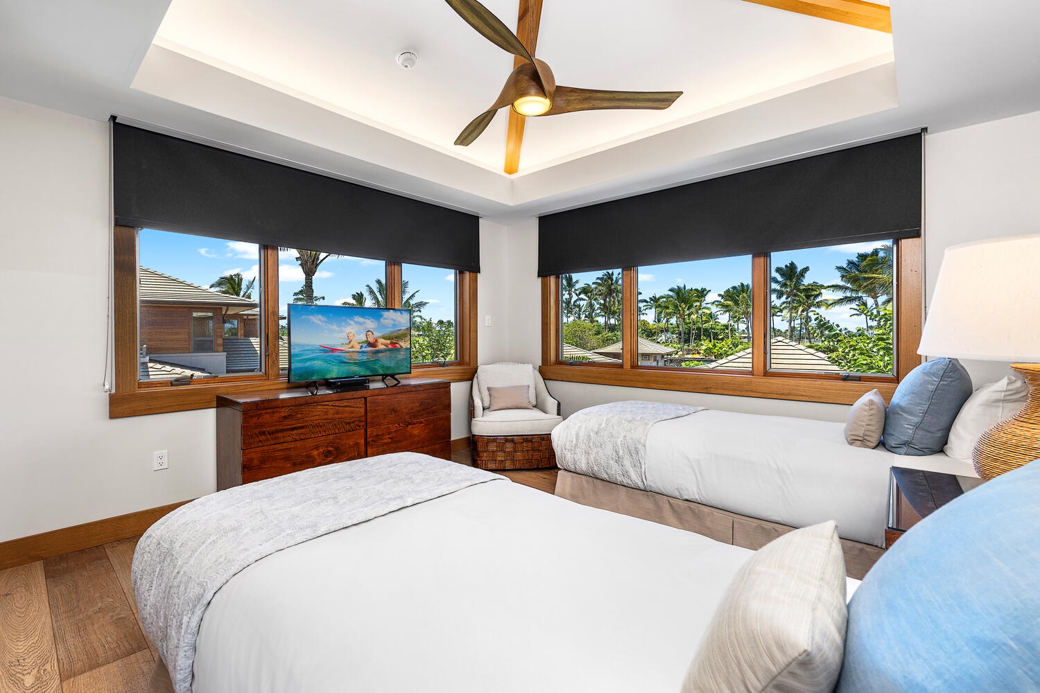 Kamuela Vacation Rentals, Laule'a at the Mauna Lani Resort #14 - Comfortable twin guest suite with warm tones and natural light.