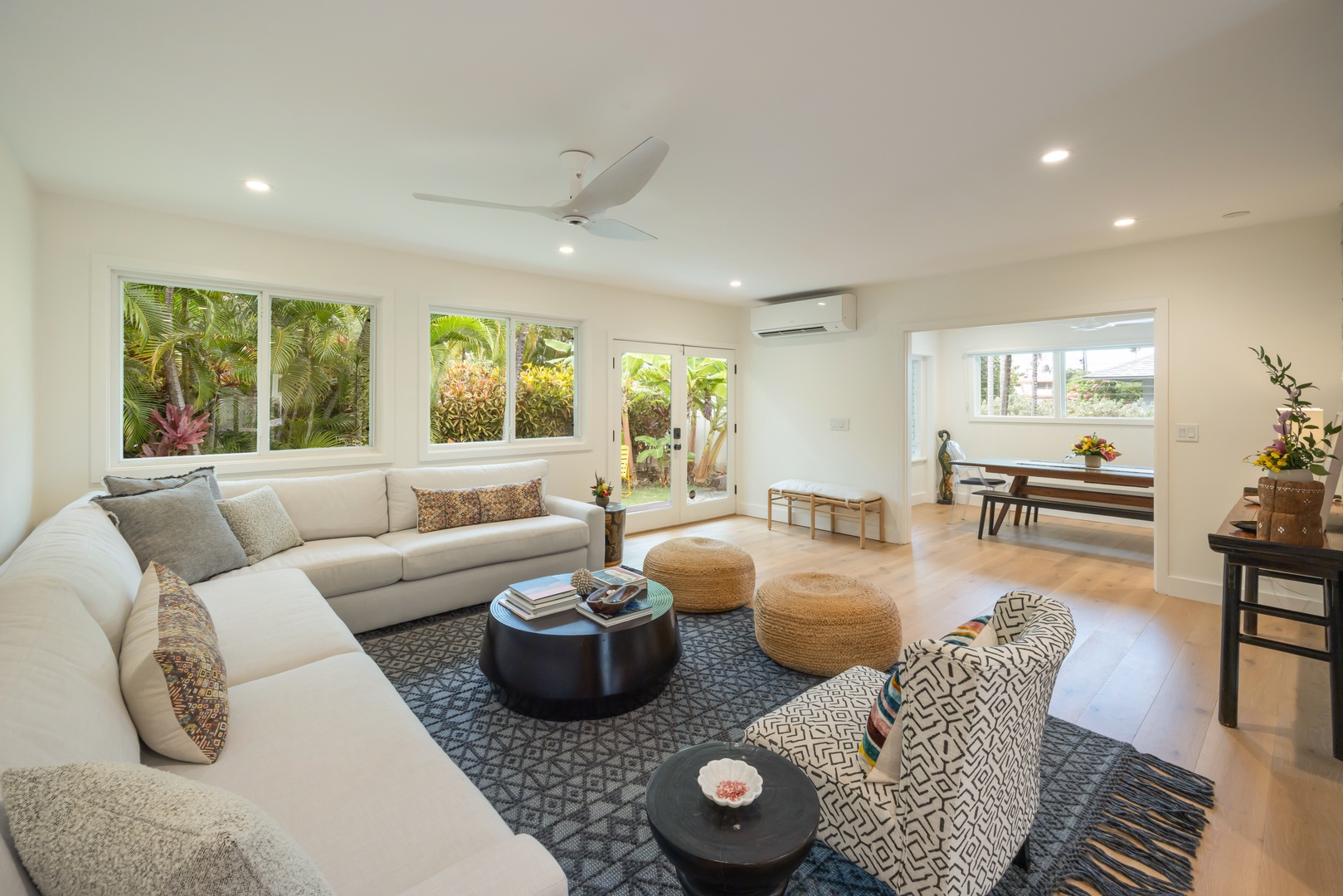 Kailua Vacation Rentals, Lanikai Ola Nani - Step into serenity in the heart of the home—an expansive lounge framed by lush garden views and island breezes.